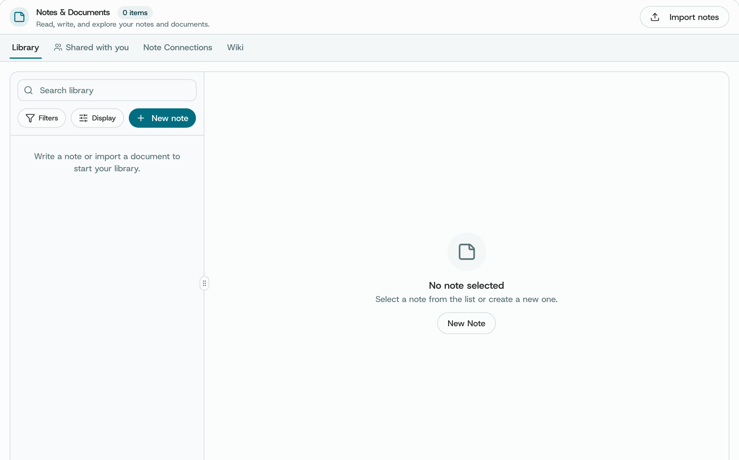The Notes library with search, filters and New note