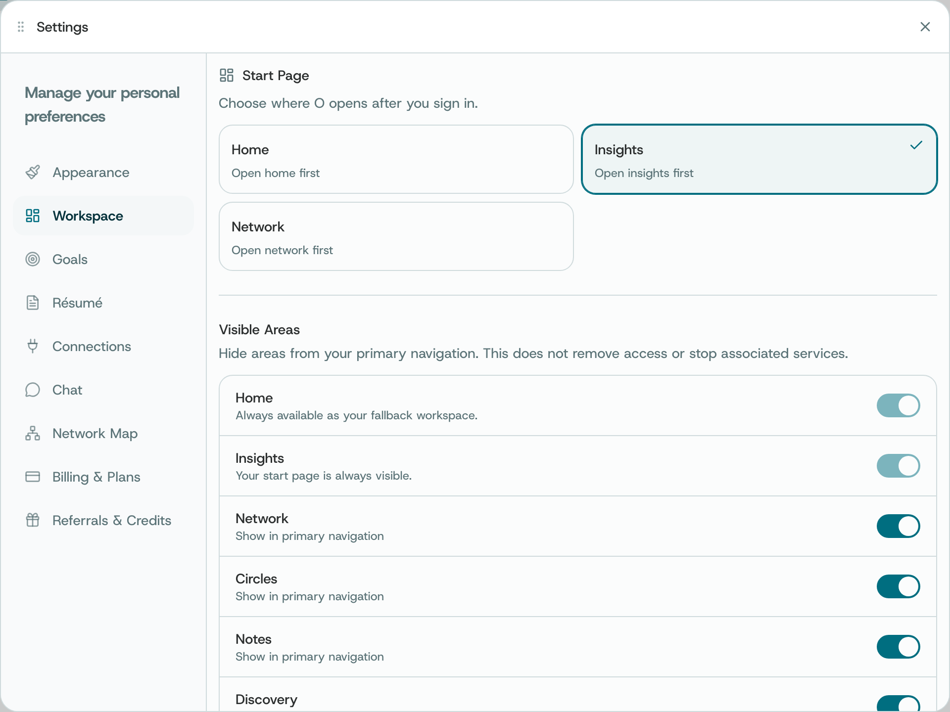 Start page and visible areas