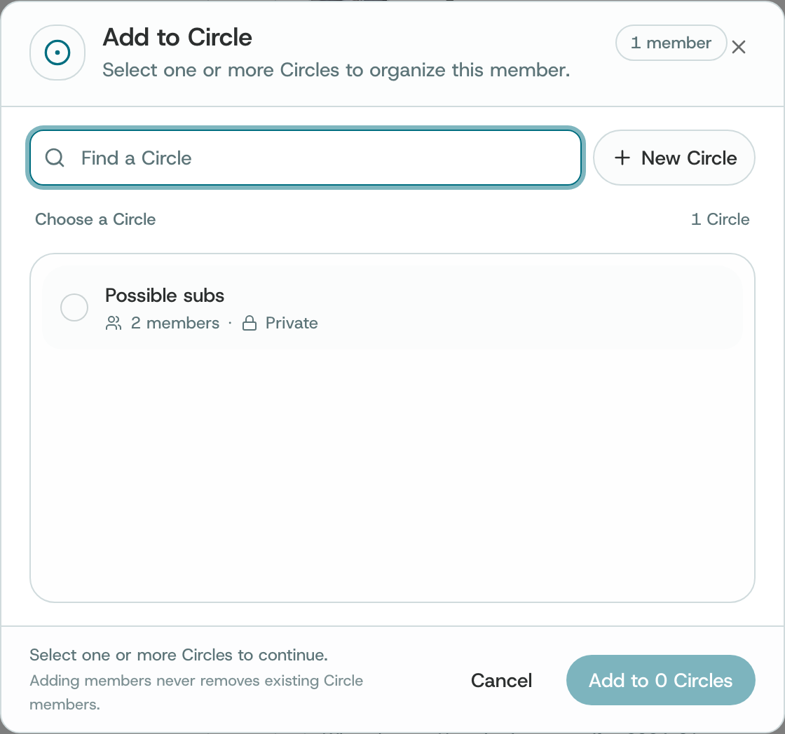 Add to Circle: find a Circle, New Circle, and a list of your Circles to choose from