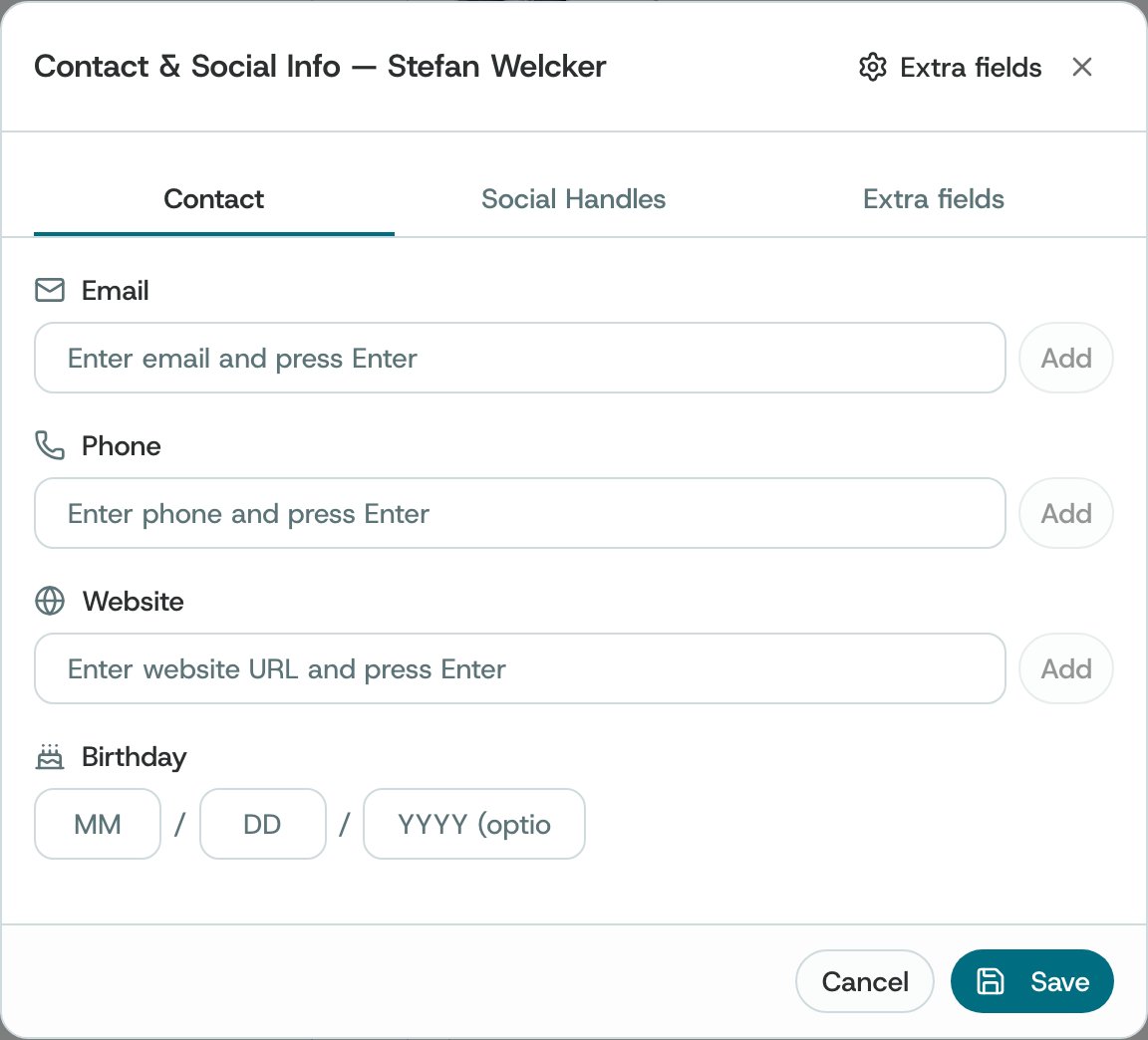 Contact and Social Info: Contact, Social Handles and Extra fields tabs, with email, phone, website and birthday