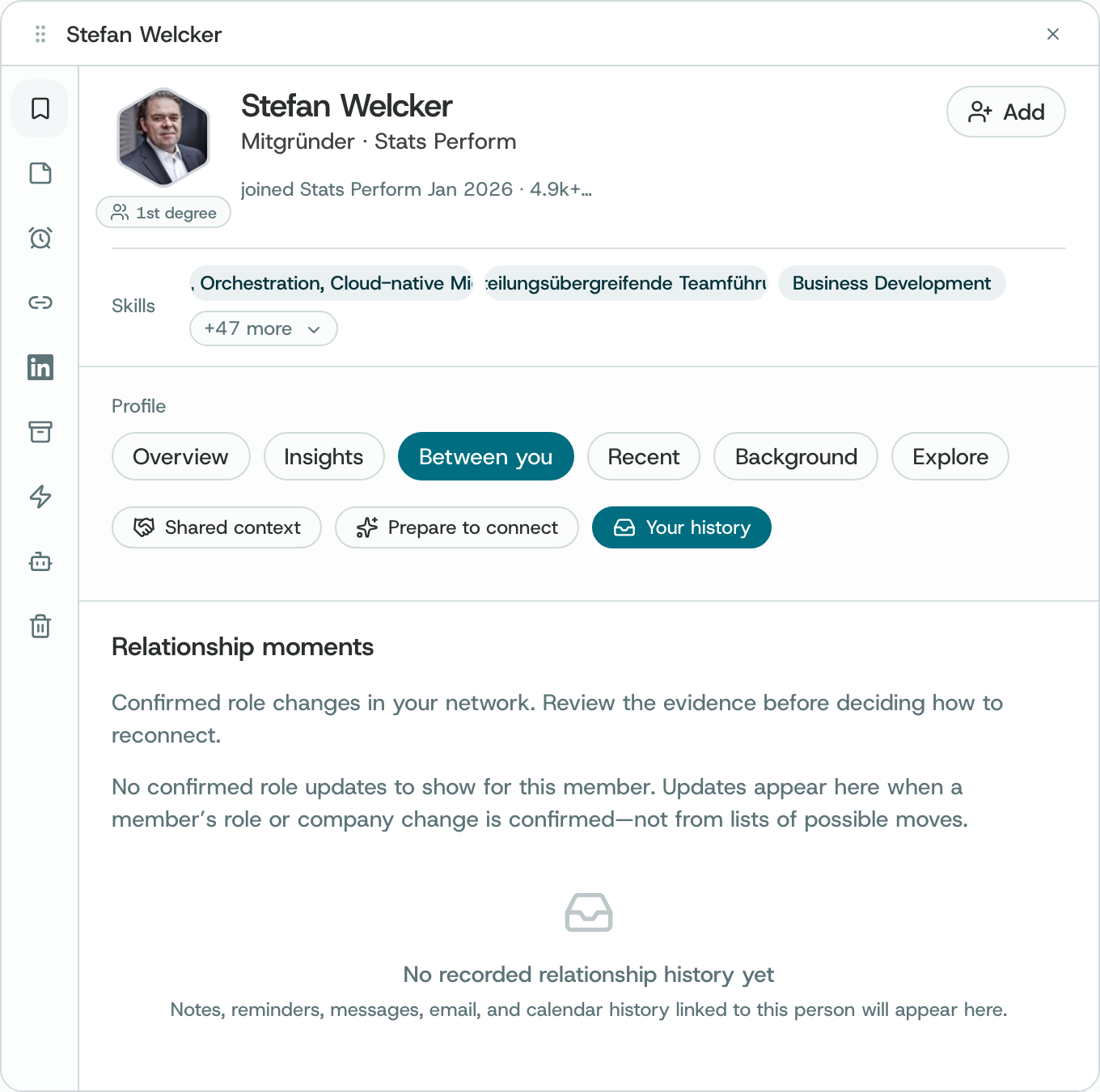 Your history: Relationship moments with no confirmed role updates yet, and No recorded relationship history yet