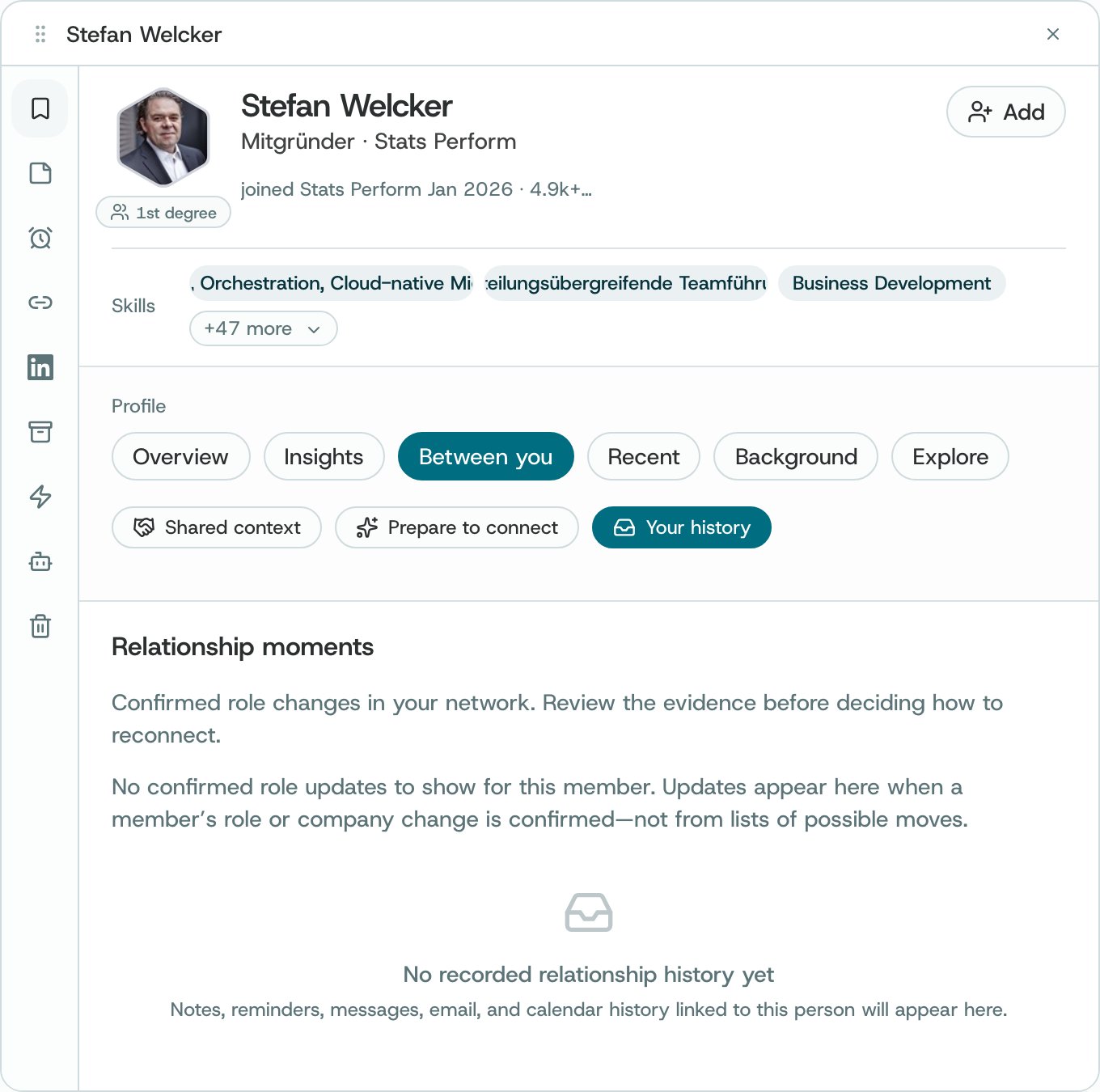 Your history: Relationship moments with no confirmed role updates yet, and No recorded relationship history yet