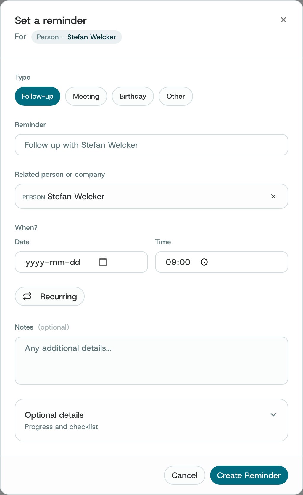 Set a reminder: type, reminder text, related person or company, date and time, recurring, notes, and Create Reminder
