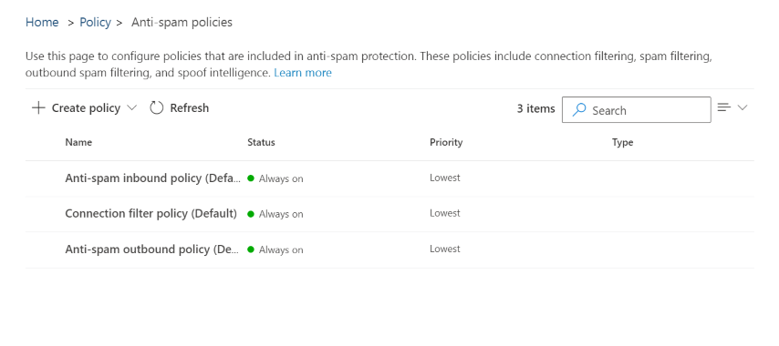Microsoft 365 Anti-spam settings page