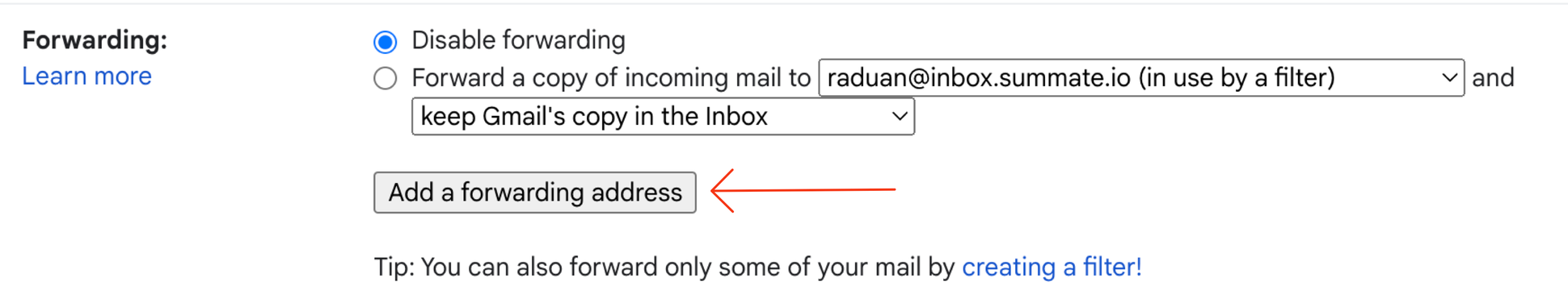 Add forwarding address button
