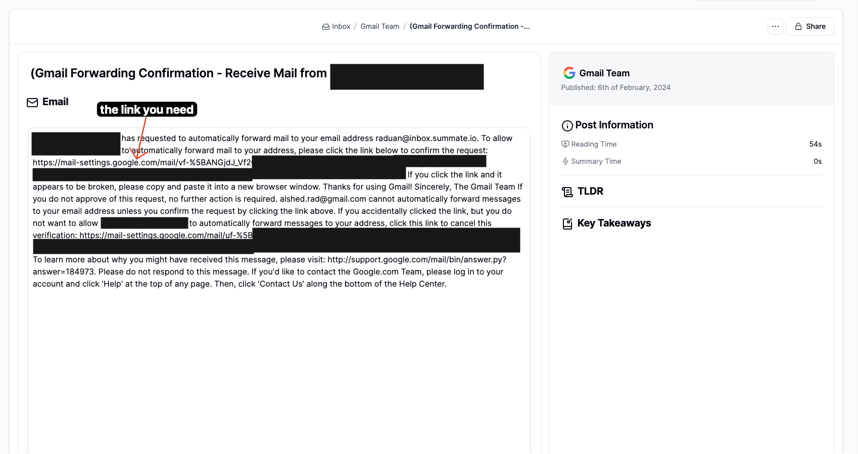 Verification link in email