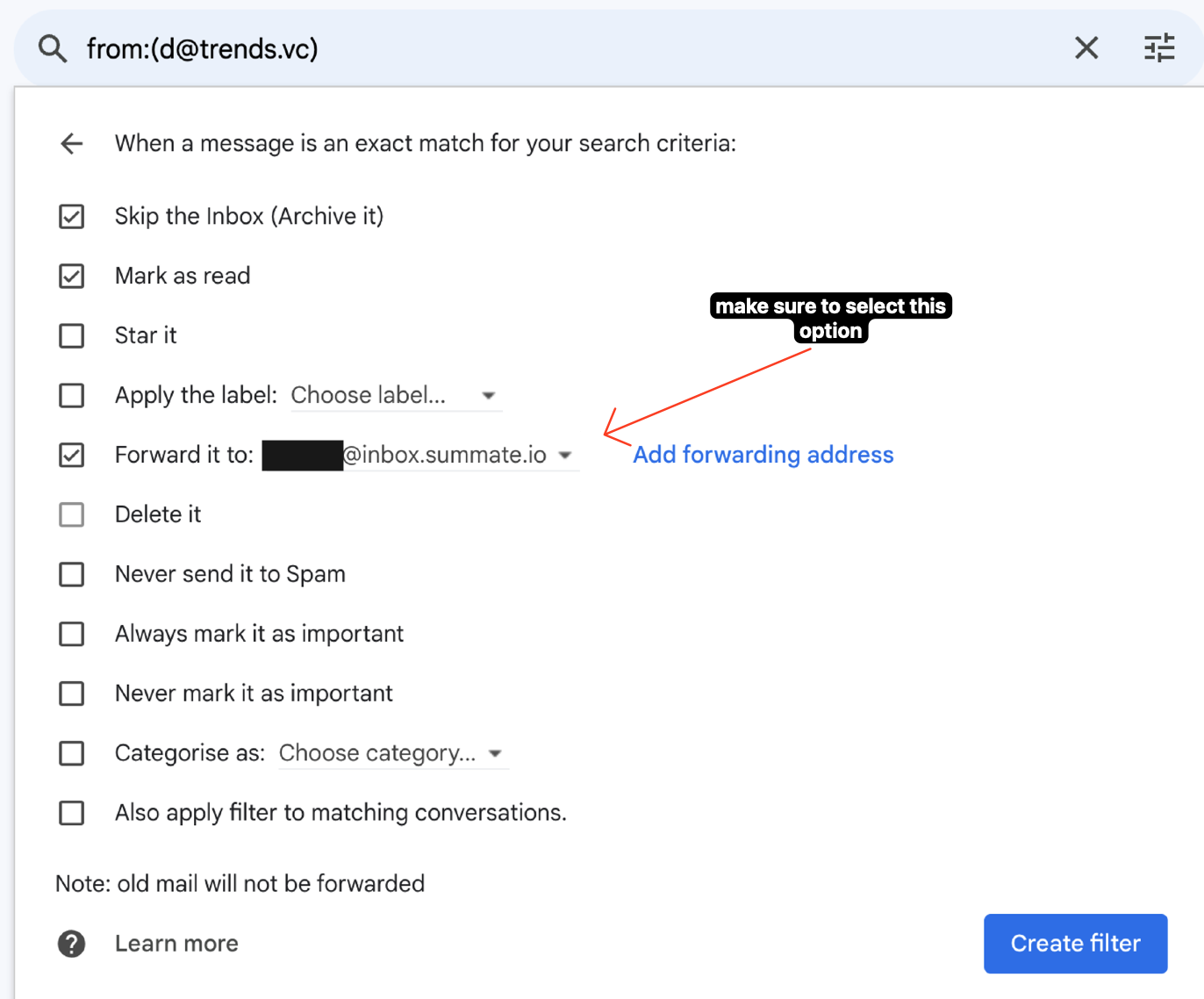 Filter action configuration