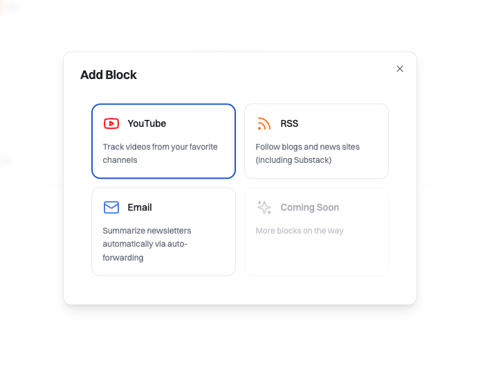 Add Block modal showing YouTube, RSS, and Email options