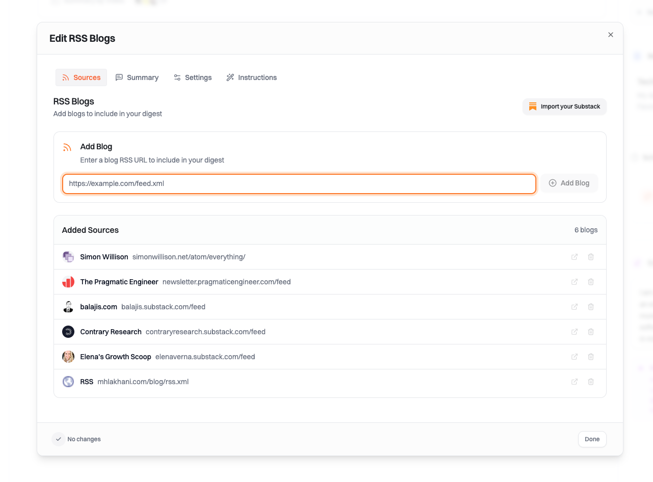 RSS block configuration showing feed sources