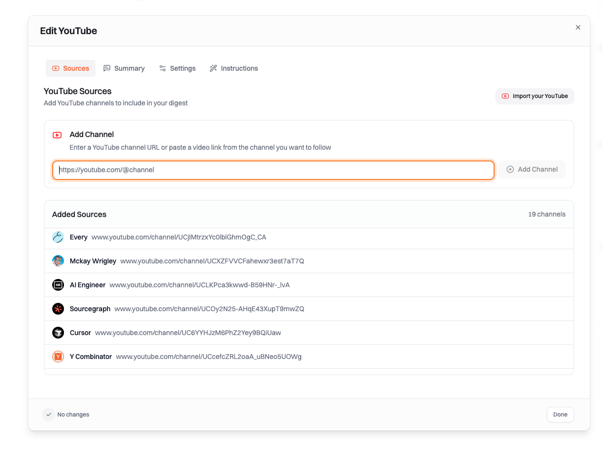 YouTube block configuration showing channel selection and filters