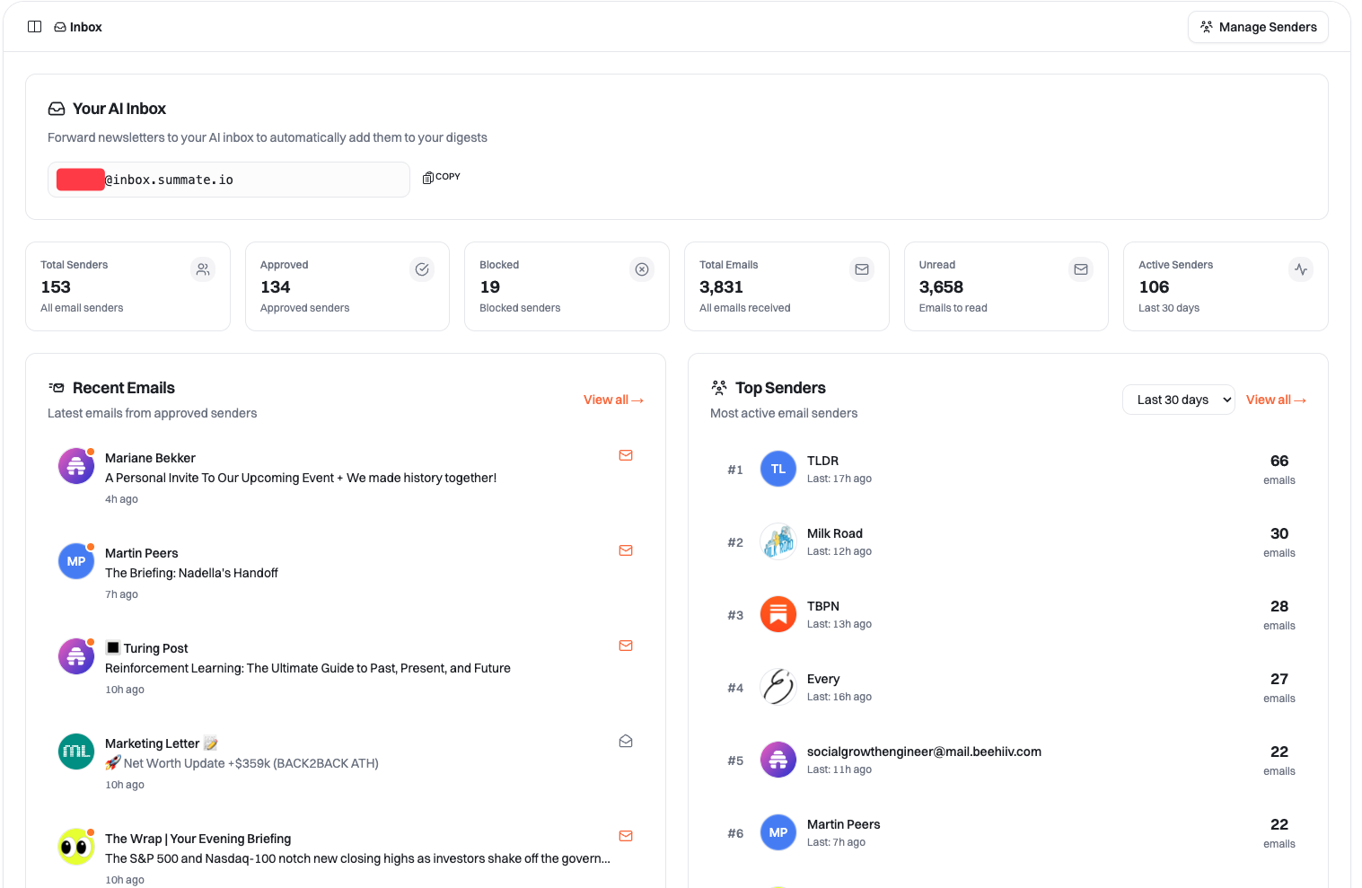 Inbox dashboard showing stats, recent emails, and top senders