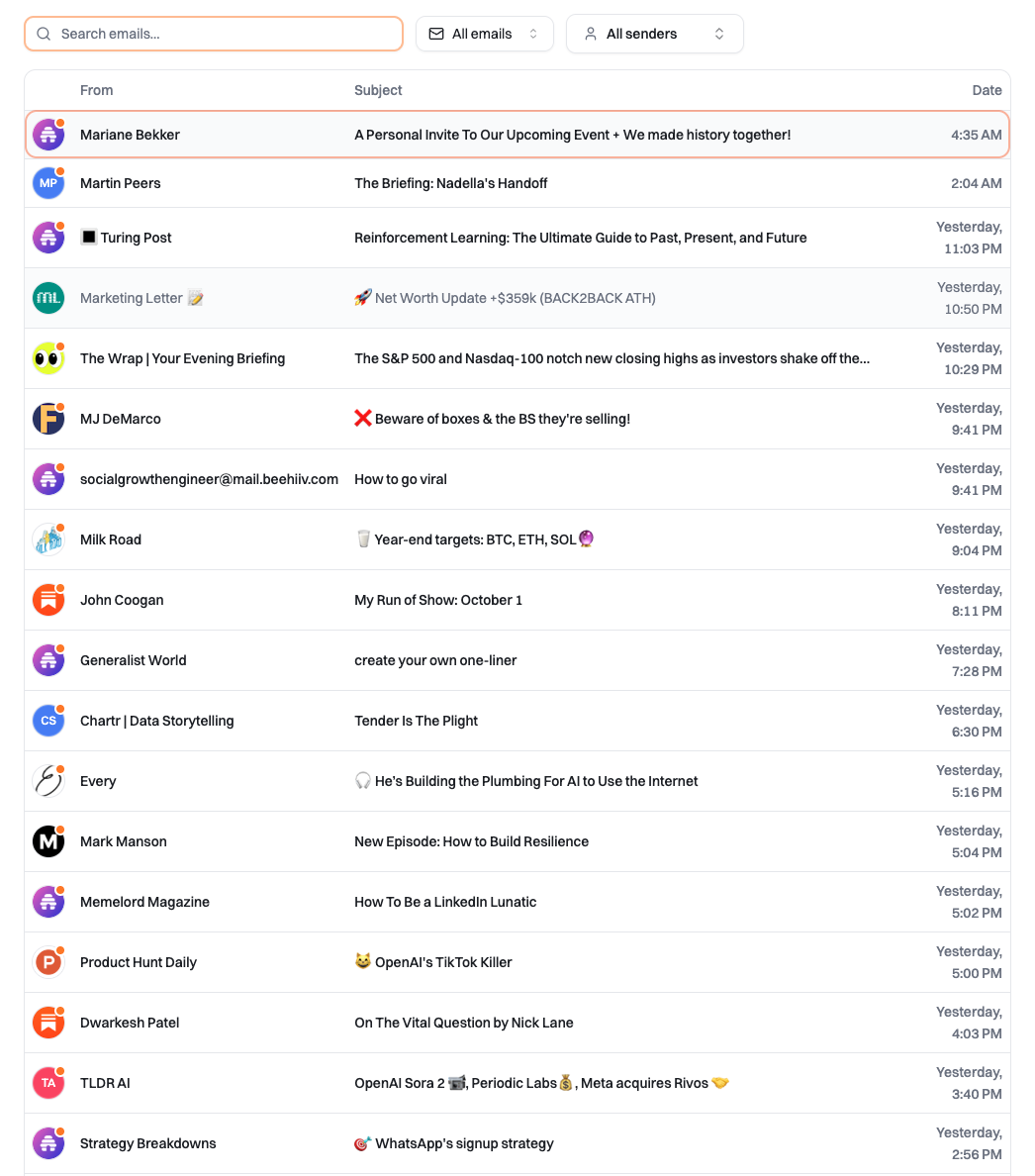 Emails view showing full list of received newsletters