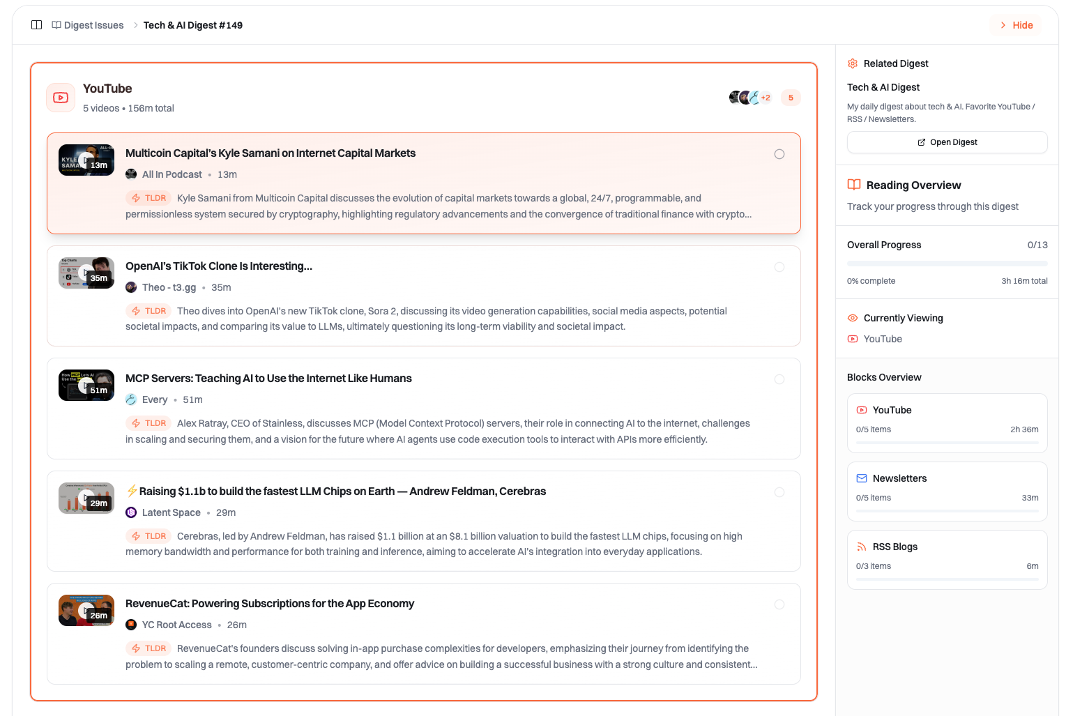 Summate web reader showing digest issue with multiple content blocks