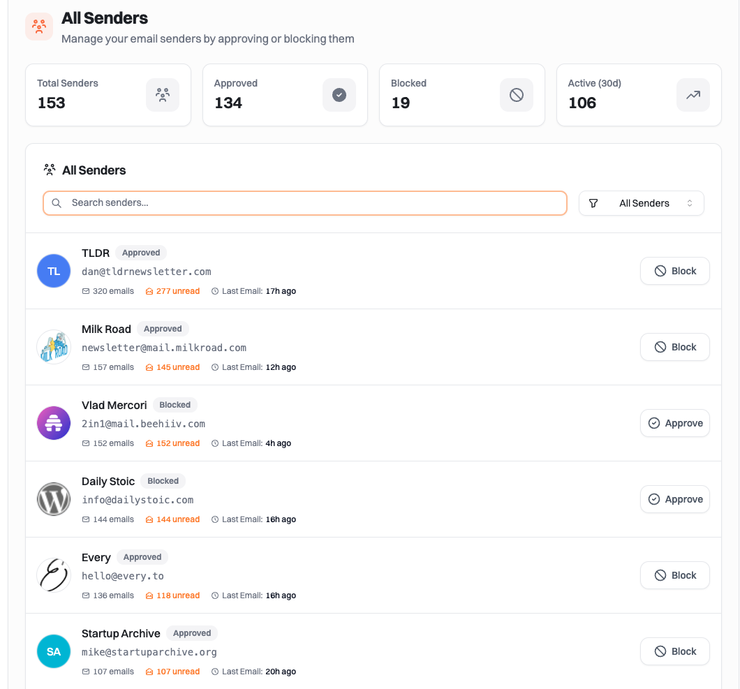Email sources in the Inbox showing active and blocked senders