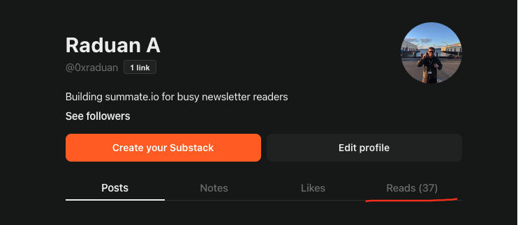 Substack profile with Reads section