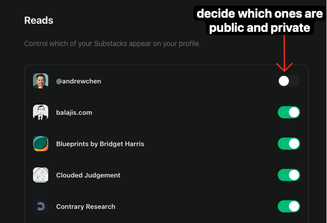 Substack Reads privacy settings