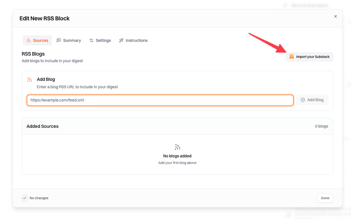Import Substack button in Summate