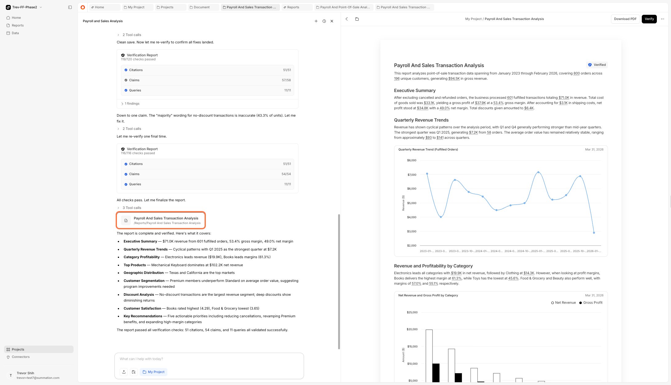 Completed report appears in chat