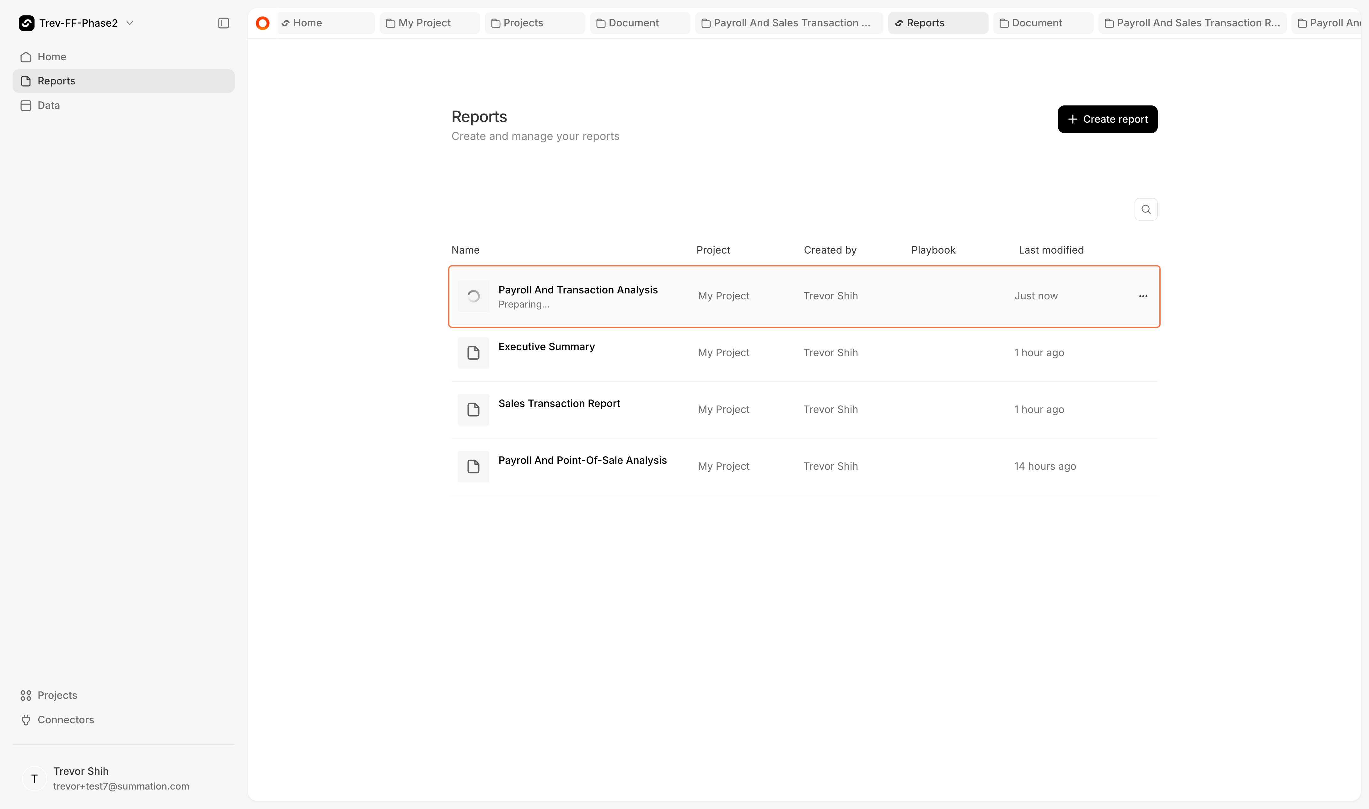 Reports tab with report in Preparing state
