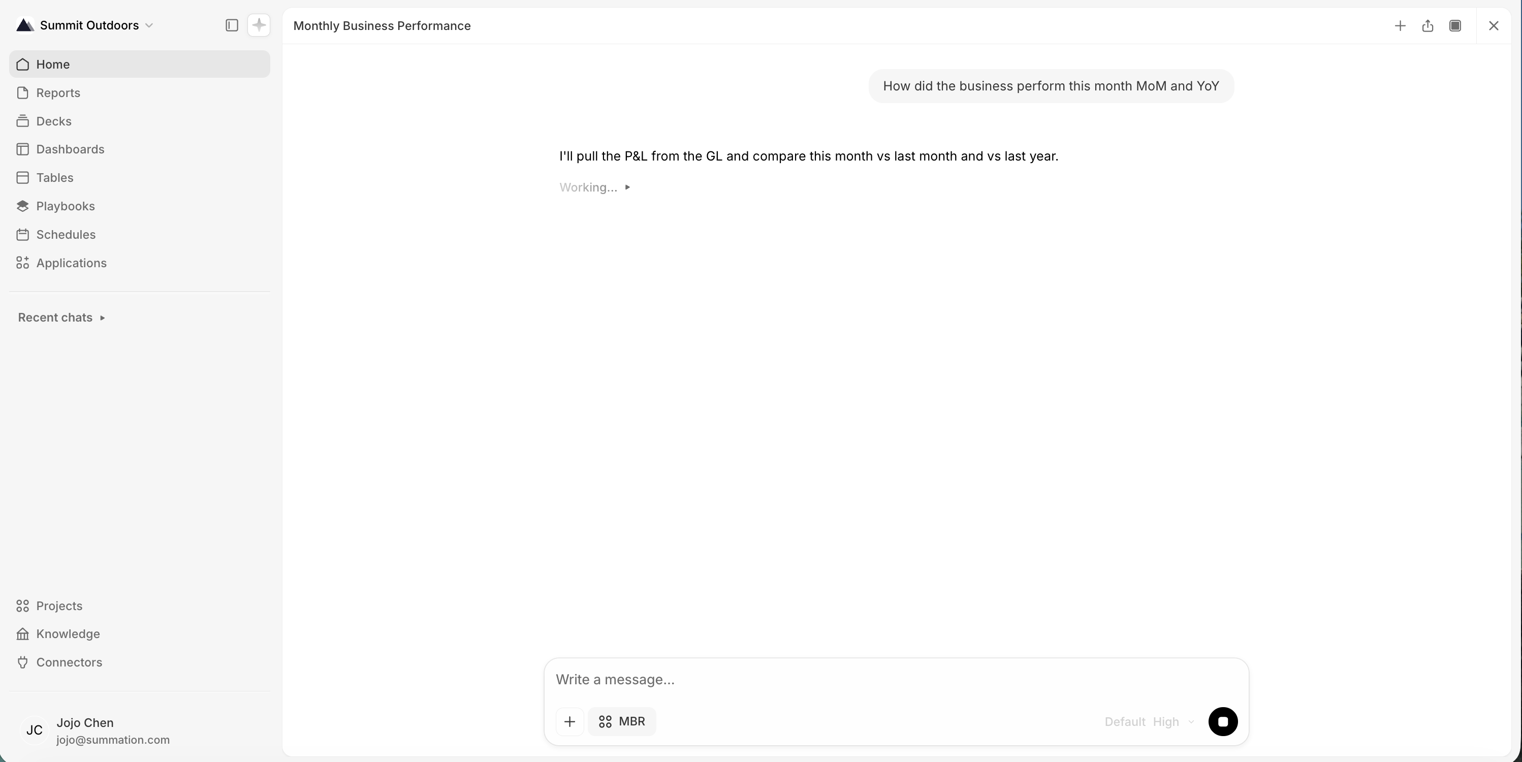 An Addison chat titled 'Monthly Business Performance' with the user message 'How did the business perform this month MoM and YoY', followed by Addison's reply 'I'll pull the P&L from the GL and compare this month vs last month and vs last year.' and a collapsed 'Working...' step.