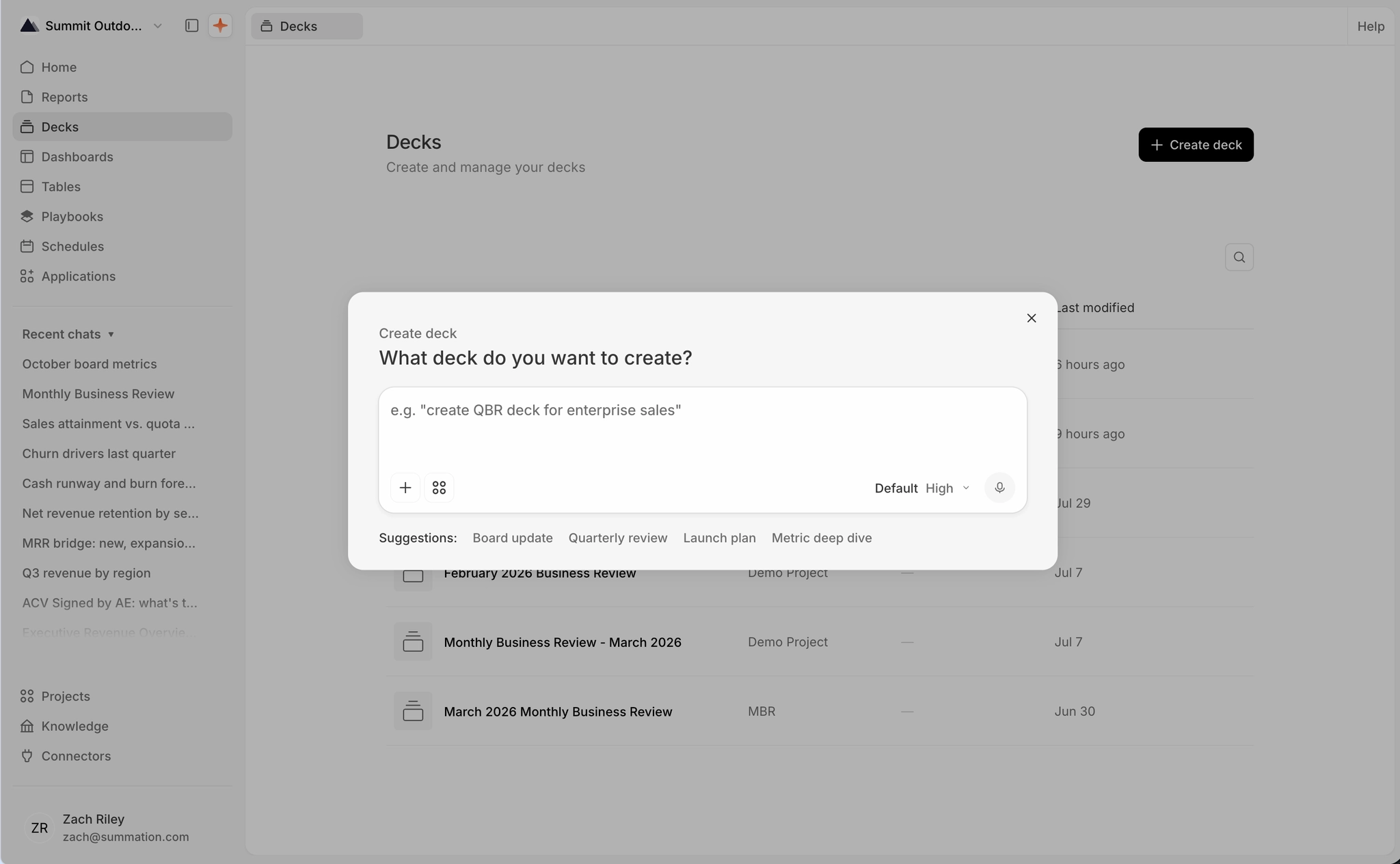 The 'Create deck' dialog: 'What deck do you want to create?' with the placeholder 'e.g. \"create QBR deck for enterprise sales\"' and suggestion chips Board update, Quarterly review, Launch plan, and Metric deep dive. Behind it, the Decks page lists rows including 'February 2026 Business Review', 'Monthly Business Review - March 2026', and 'March 2026 Monthly Business Review'.