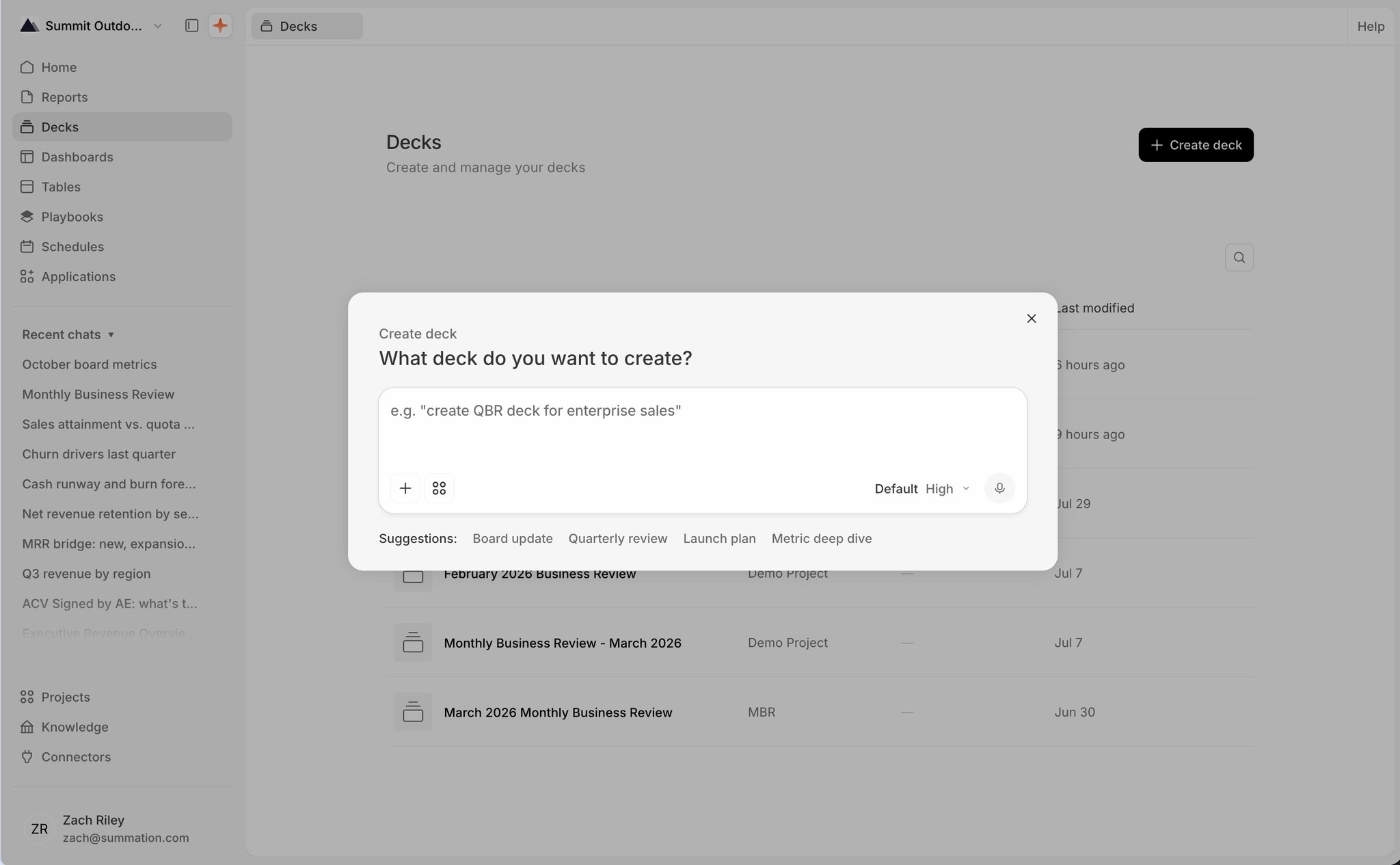 The 'Create deck' dialog: 'What deck do you want to create?' with the placeholder 'e.g. \"create QBR deck for enterprise sales\"' and suggestion chips Board update, Quarterly review, Launch plan, and Metric deep dive. Behind it, the Decks page lists rows including 'February 2026 Business Review', 'Monthly Business Review - March 2026', and 'March 2026 Monthly Business Review'.