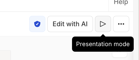 The deck toolbar with the verification badge, Edit with AI, and a play-triangle button hovered, showing a 'Presentation mode' tooltip, followed by the ⋯ menu button.