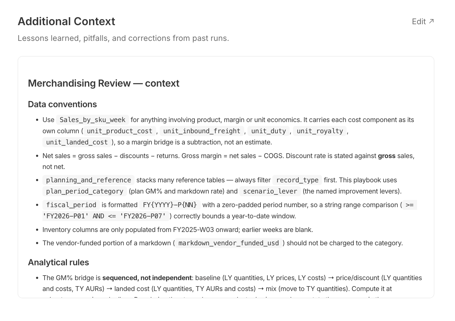 The Additional Context section, with an Edit link top-right, titled 'Merchandising Review — context', with 'Data conventions' and 'Analytical rules' subsections listing field definitions and calculation rules learned from past runs.