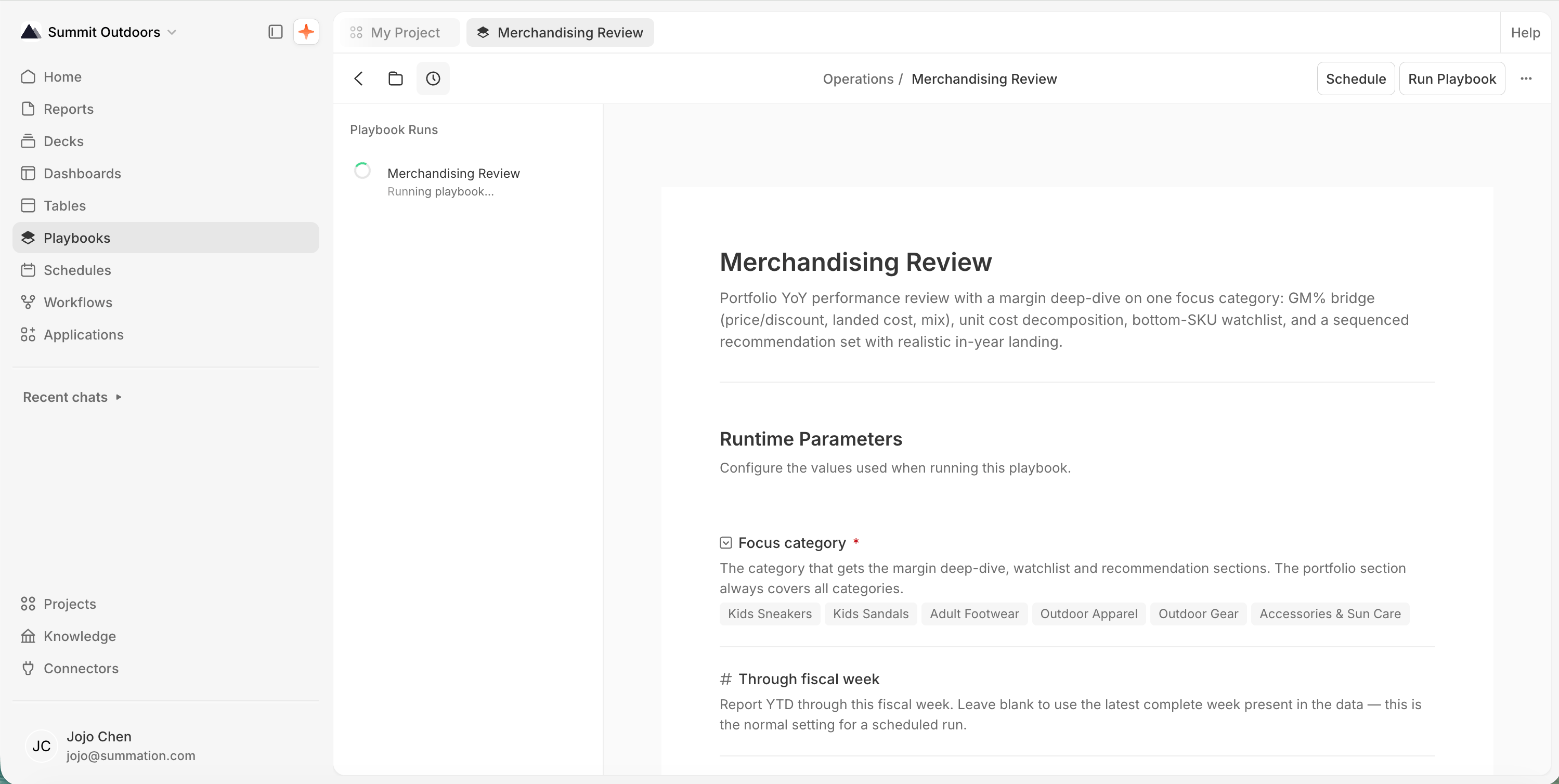 An open playbook breadcrumbed 'Operations / Merchandising Review', with Schedule, Run Playbook, and ⋯ buttons top-right and a 'Playbook Runs' sidebar showing an in-progress run. The body starts with the playbook's title and description, followed by the Runtime Parameters section (a required Focus category field with chips, and a Through fiscal week field).