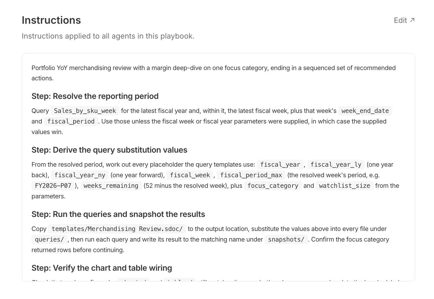 The Instructions section, with an Edit link top-right, showing the playbook's steps: an overview sentence followed by 'Step: Resolve the reporting period', 'Step: Derive the query substitution values', and 'Step: Run the queries and snapshot the results', each referencing specific tables and placeholders like fiscal_year and weeks_remaining.