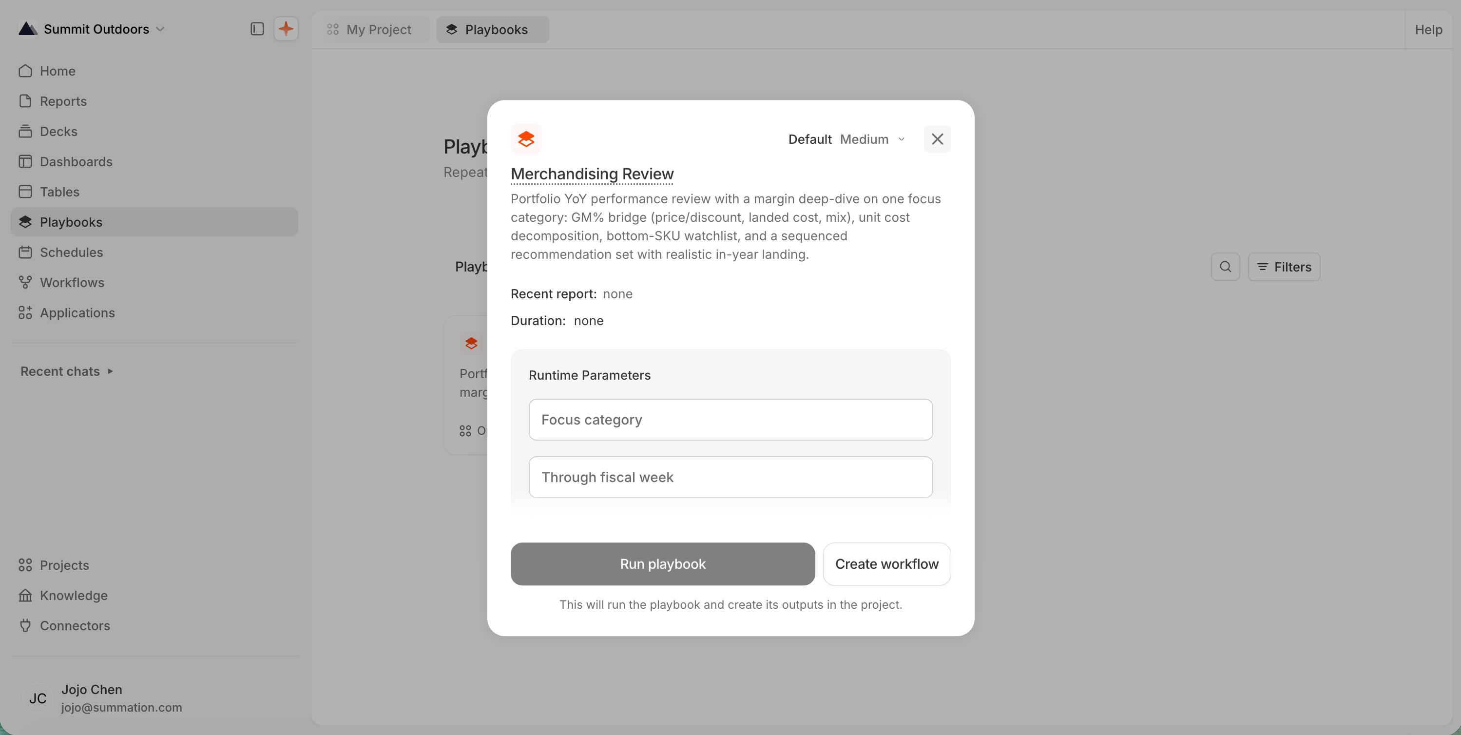 A run dialog for the 'Merchandising Review' playbook, showing its description, Recent report: none, Duration: none, a Runtime Parameters box with Focus category and Through fiscal week fields, a Default / Medium effort selector, and Run playbook and Create workflow buttons, with the note 'This will run the playbook and create its outputs in the project.'