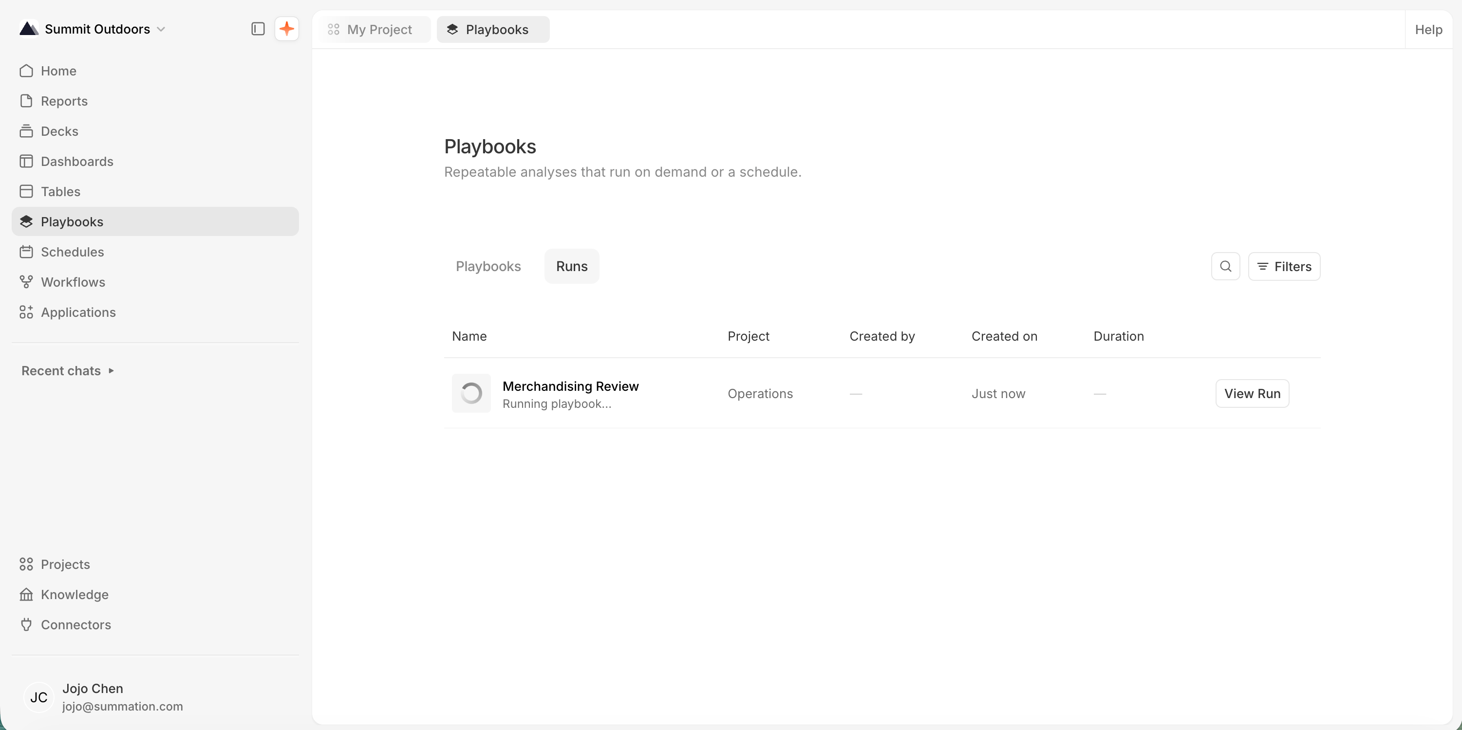 The Runs tab of the Playbooks page, a table with columns Name, Project, Created by, Created on, and Duration. One row shows 'Merchandising Review' (Running playbook...) in the Operations project, created just now, with a View Run button on the right.