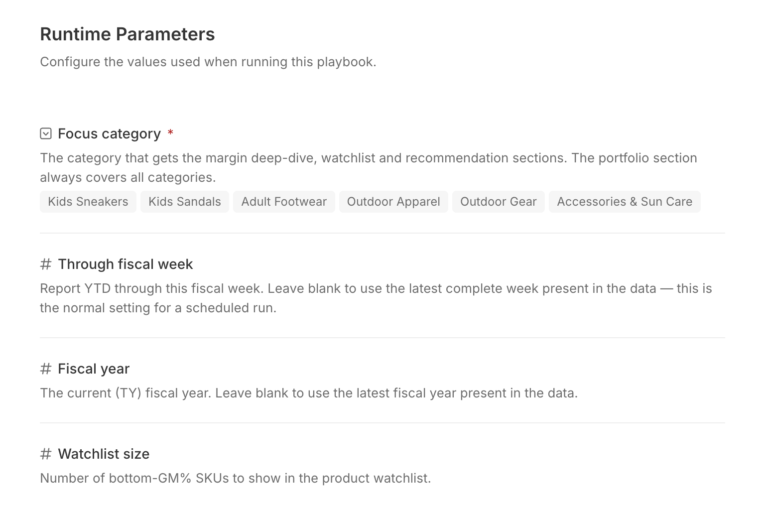 The Runtime Parameters section: a required 'Focus category' field with chips (Kids Sneakers, Kids Sandals, Adult Footwear, Outdoor Apparel, Outdoor Gear, Accessories & Sun Care), a 'Through fiscal week' number field, a 'Fiscal year' field, and a 'Watchlist size' field, each with helper text explaining what it controls and its default.