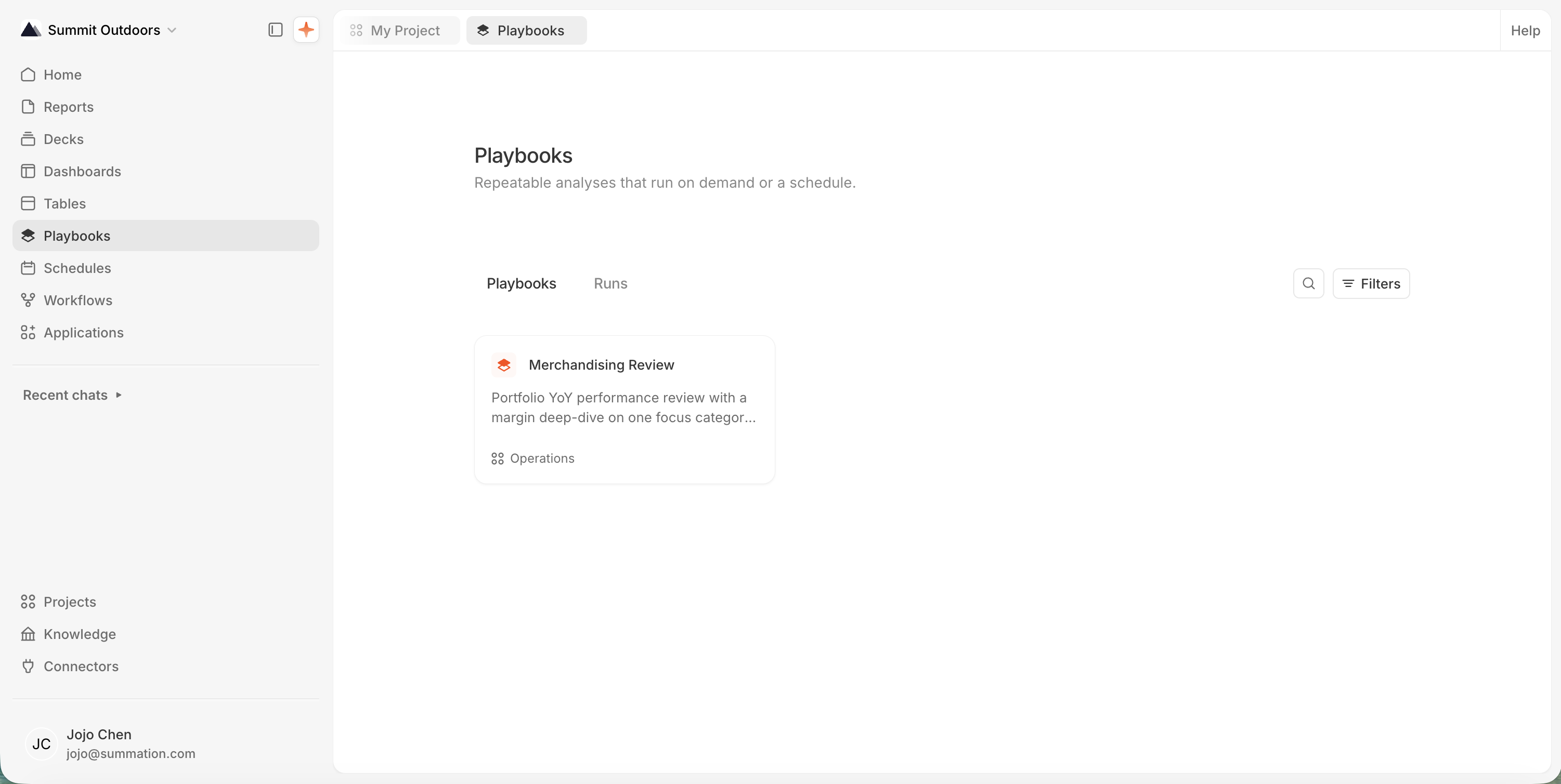 The Playbooks page, Playbooks tab selected, with Search and Filters controls at the top-right. A single card, 'Merchandising Review', shows its description ('Portfolio YoY performance review with a margin deep-dive on one focus categor...') and its project, Operations.