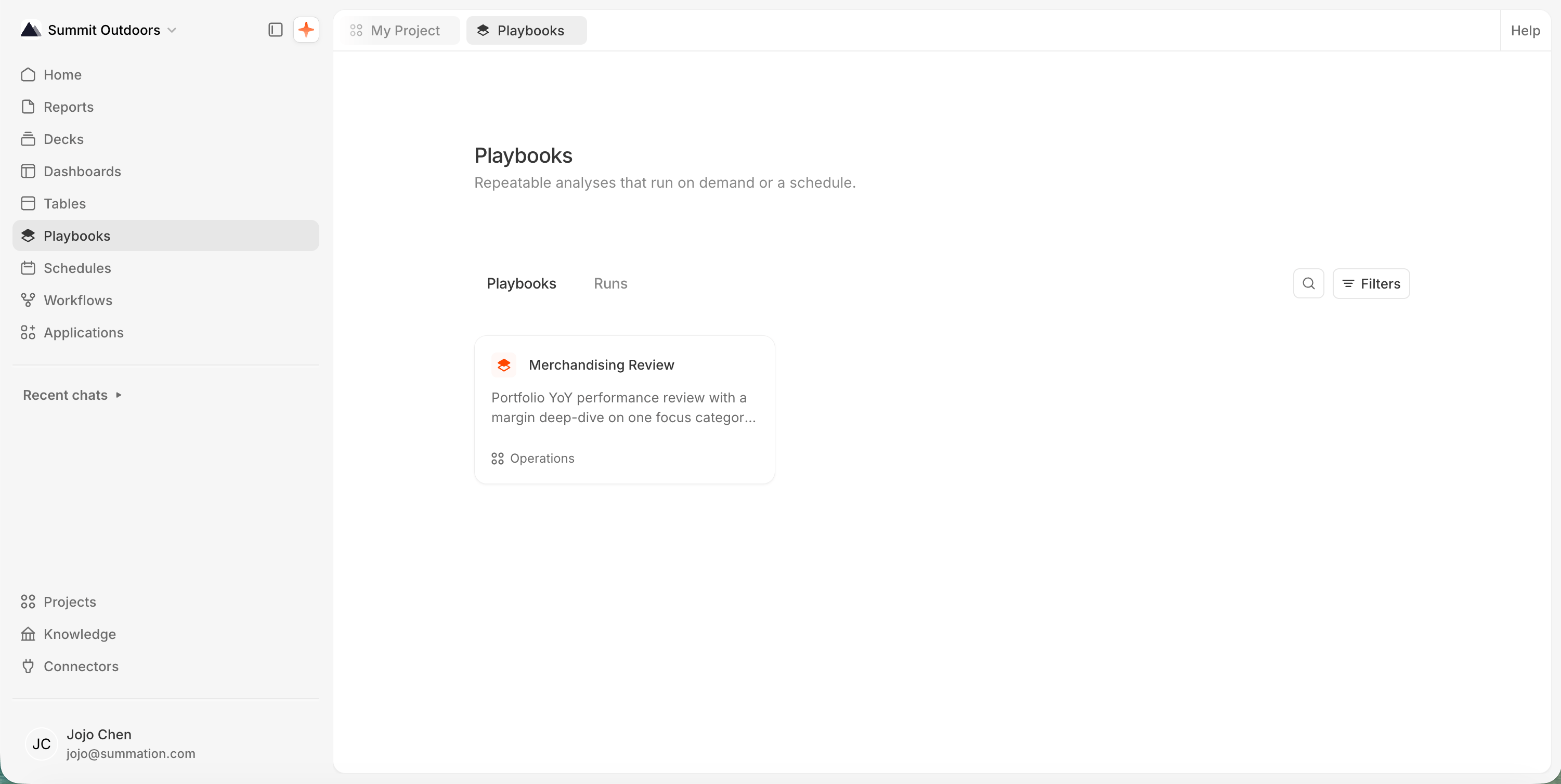 The Playbooks page, Playbooks tab selected, with Search and Filters controls at the top-right. A single card, 'Merchandising Review', shows its description ('Portfolio YoY performance review with a margin deep-dive on one focus categor...') and its project, Operations.