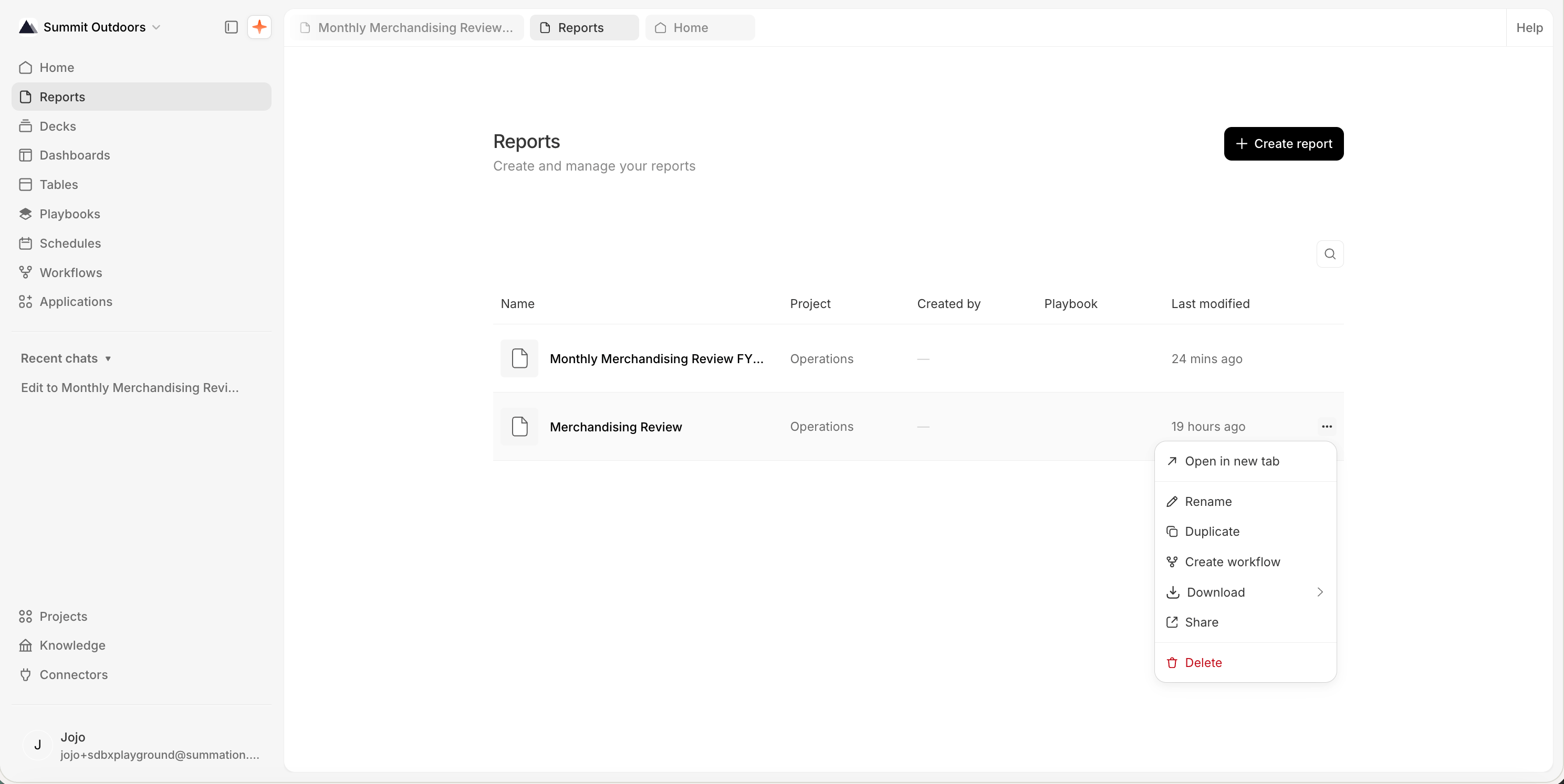 A report row's ⋯ menu on the Reports list, open with: Open in new tab, Rename, Duplicate, Create workflow, Download (with a submenu), Share, and Delete (in red).