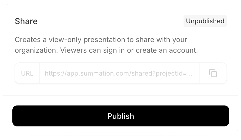 The report Share dialog labeled 'Unpublished'. It explains it 'Creates a view-only presentation to share with your organization. Viewers can sign in or create an account.', shows a URL field (https://app.summation.com/shared?projectId=…), and a Publish button.