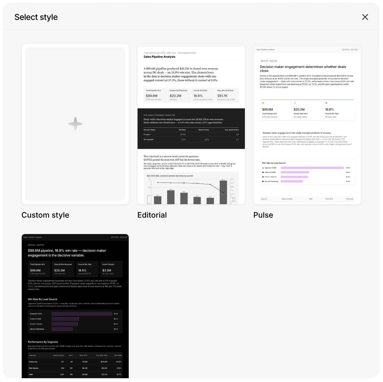 A 'Select style' modal showing style options as preview cards: Custom style (blank with a plus), Editorial (a light, magazine-like layout), Pulse (a light layout with metric cards), and a dark-themed style.