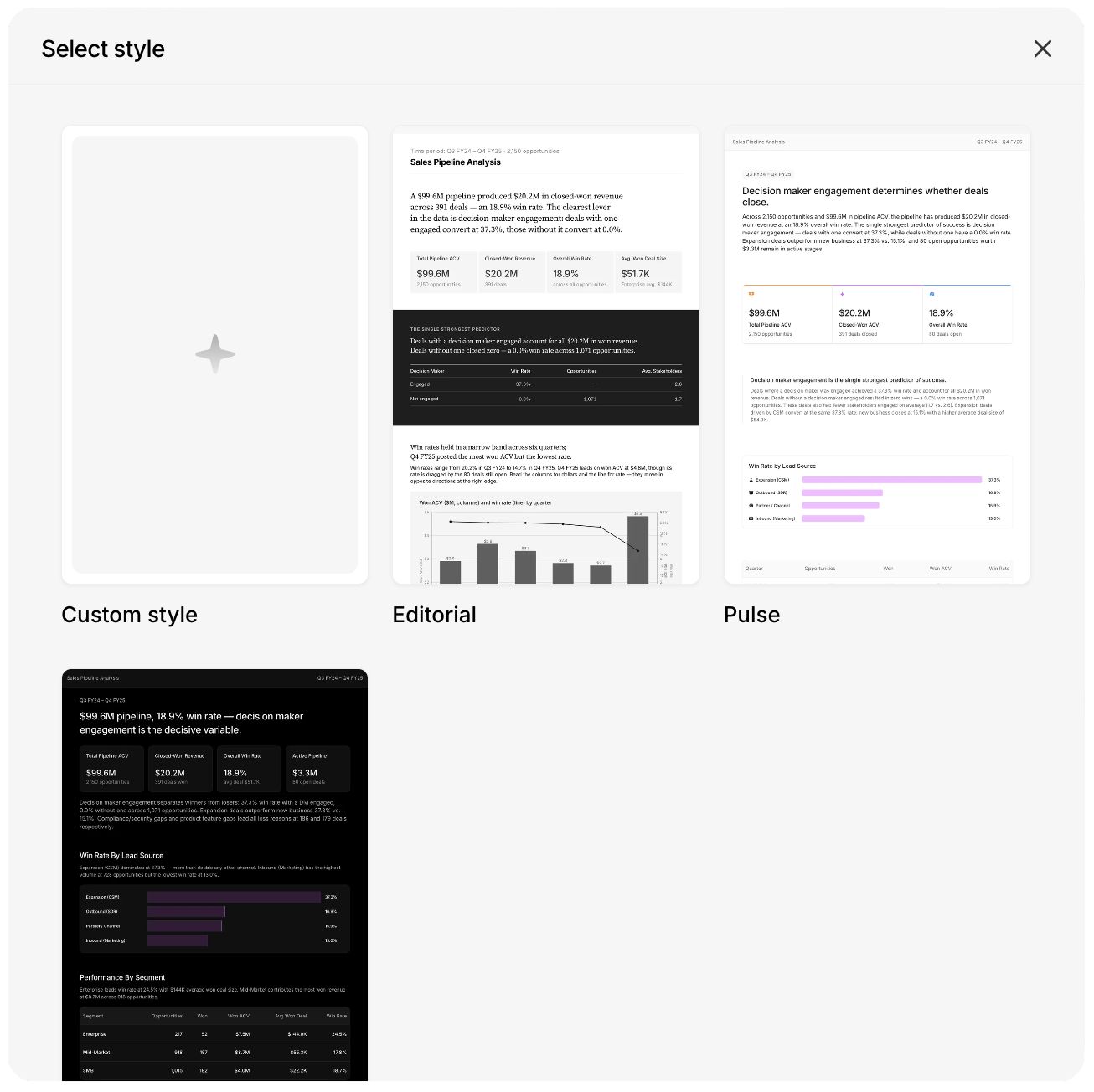 A 'Select style' modal showing style options as preview cards: Custom style (blank with a plus), Editorial (a light, magazine-like layout), Pulse (a light layout with metric cards), and a dark-themed style.
