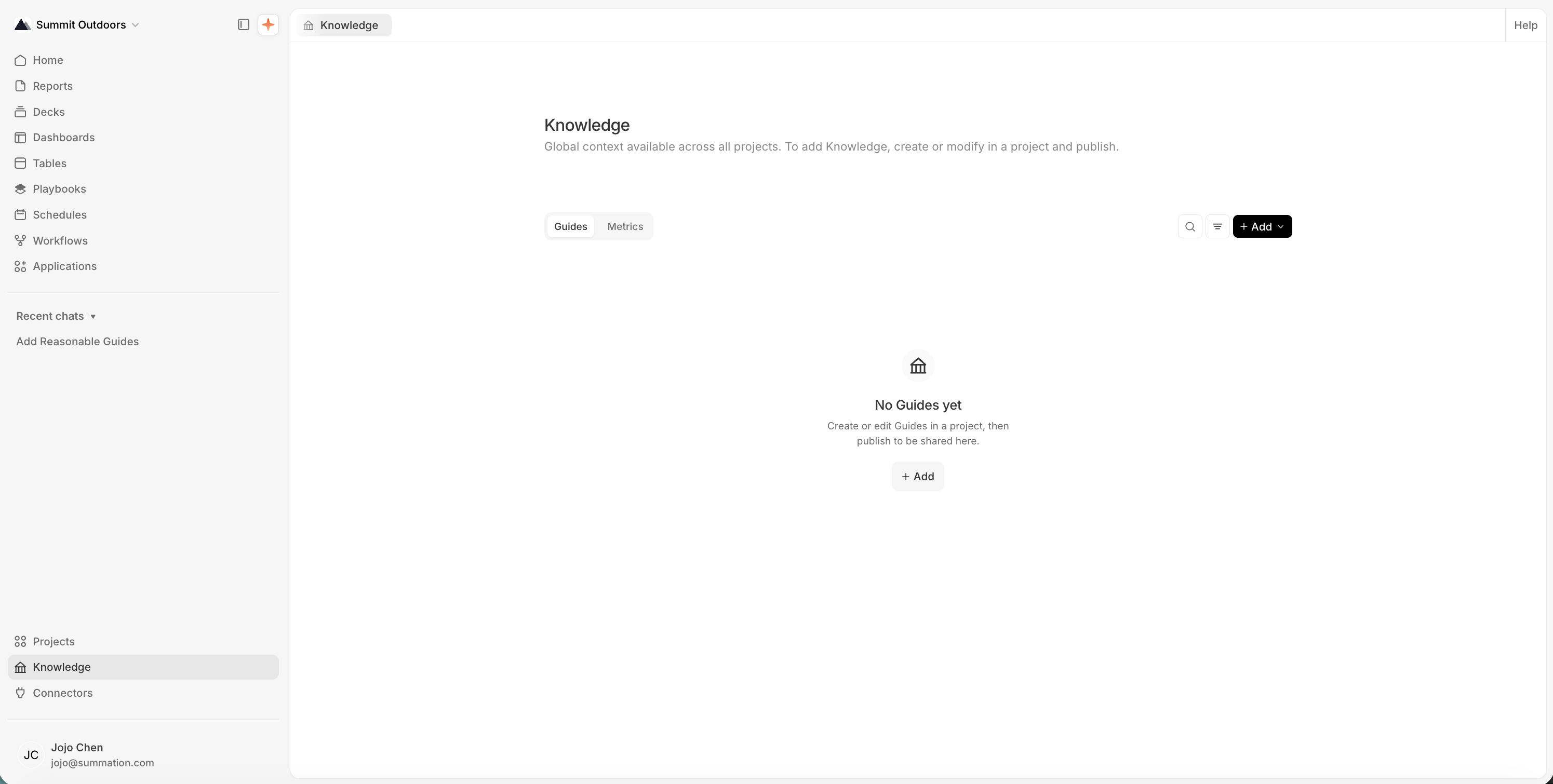 The Knowledge page at /knowledge, titled 'Knowledge' with the subtitle 'Global context available across all projects. To add Knowledge, create or modify in a project and publish.' Guides and Metrics tabs sit above an empty state: 'No Guides yet, Create or edit Guides in a project, then publish to be shared here,' with a + Add button.