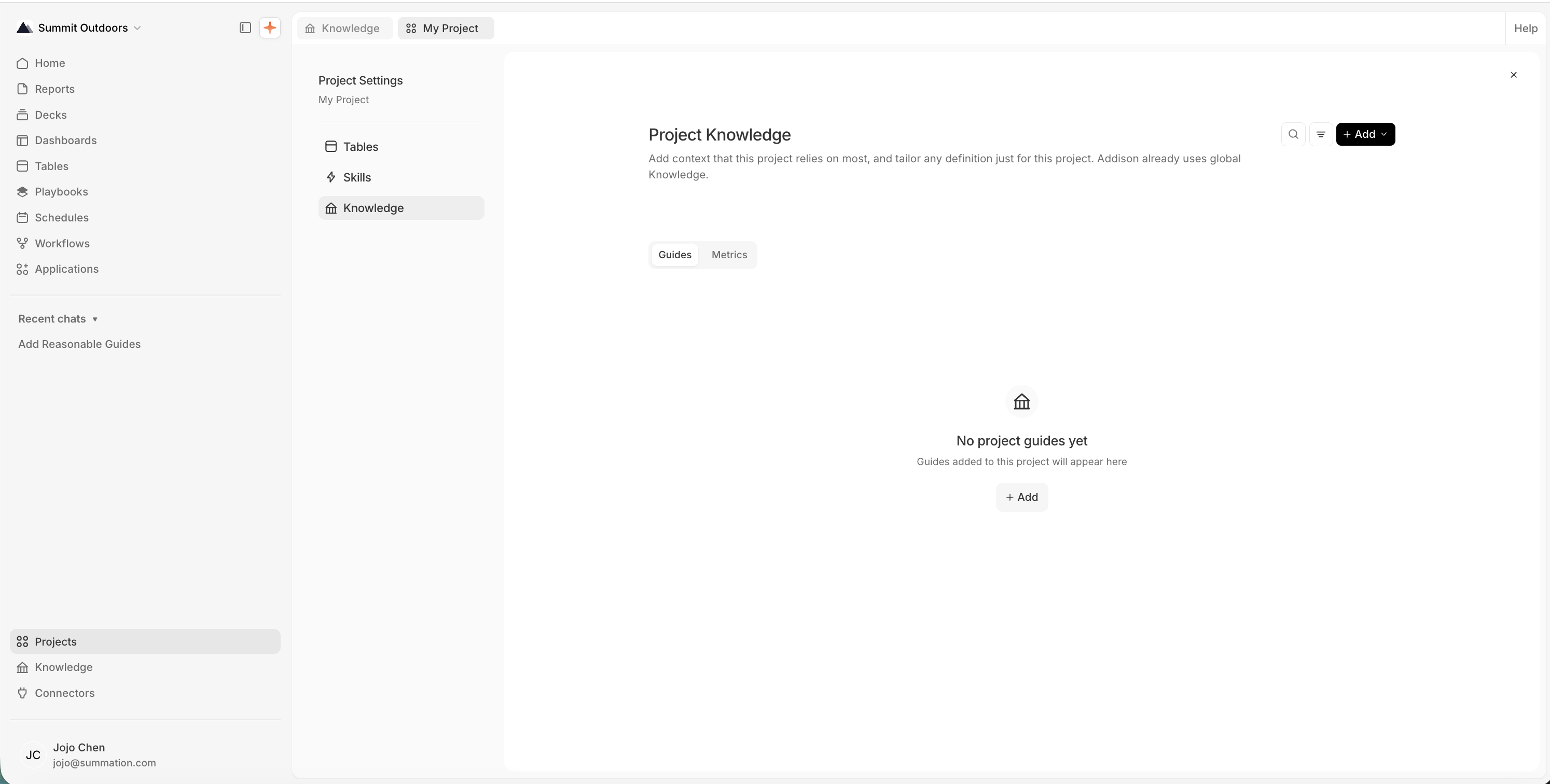 Project Settings for 'My Project' with Tables, Skills, and Knowledge tabs, on the 'Project Knowledge' page: 'Add context that this project relies on most, and tailor any definition just for this project. Addison already uses global Knowledge.' Guides and Metrics tabs sit above an empty state: 'No project guides yet, Guides added to this project will appear here.'