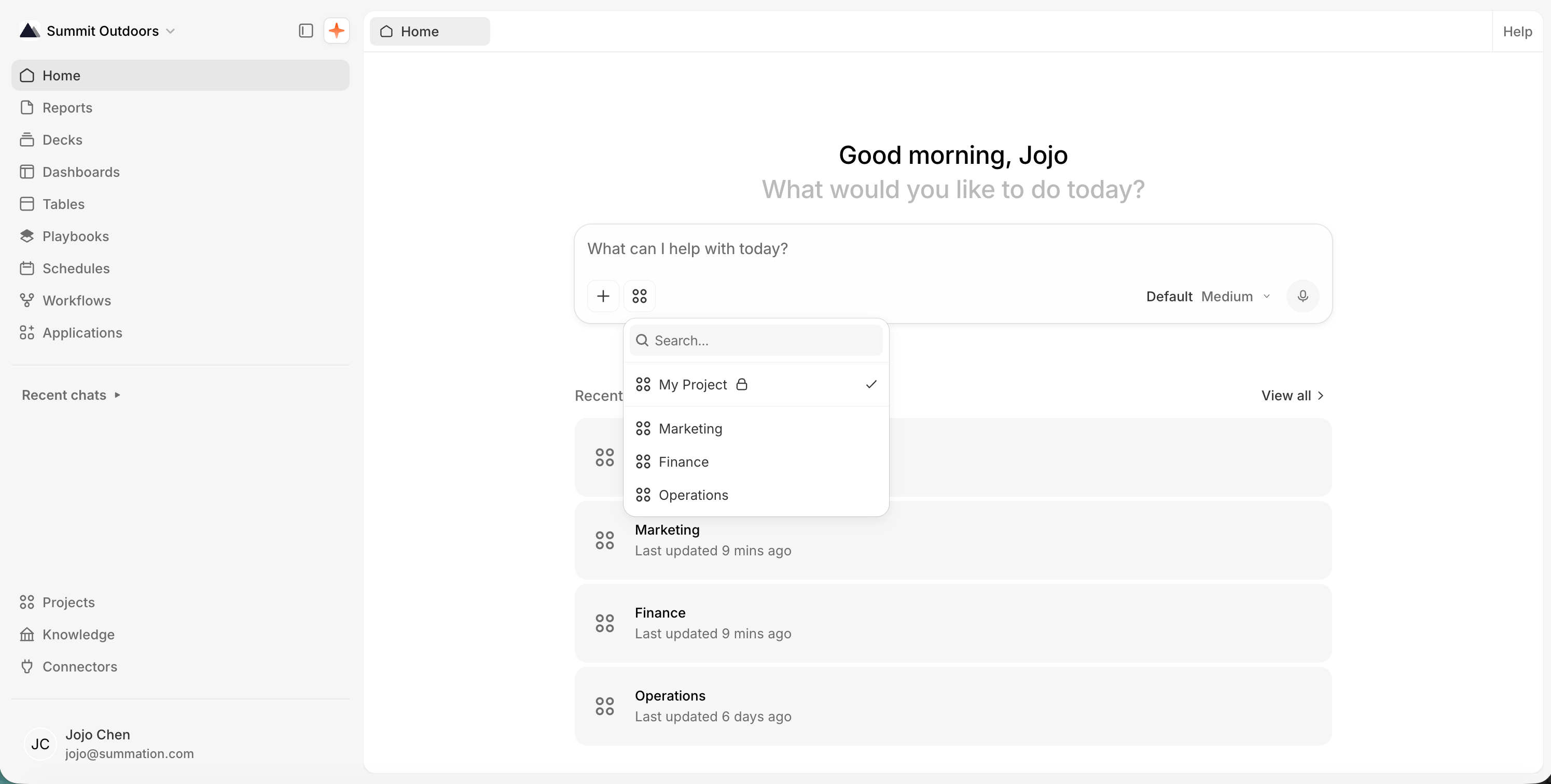 The Home page ('Good morning, Jojo'). Addison's composer has a project picker open: a searchable list showing 'My Project' checked as the current default, followed by 'Marketing', 'Finance', and 'Operations'. Recent projects with their last-updated times are visible behind it.