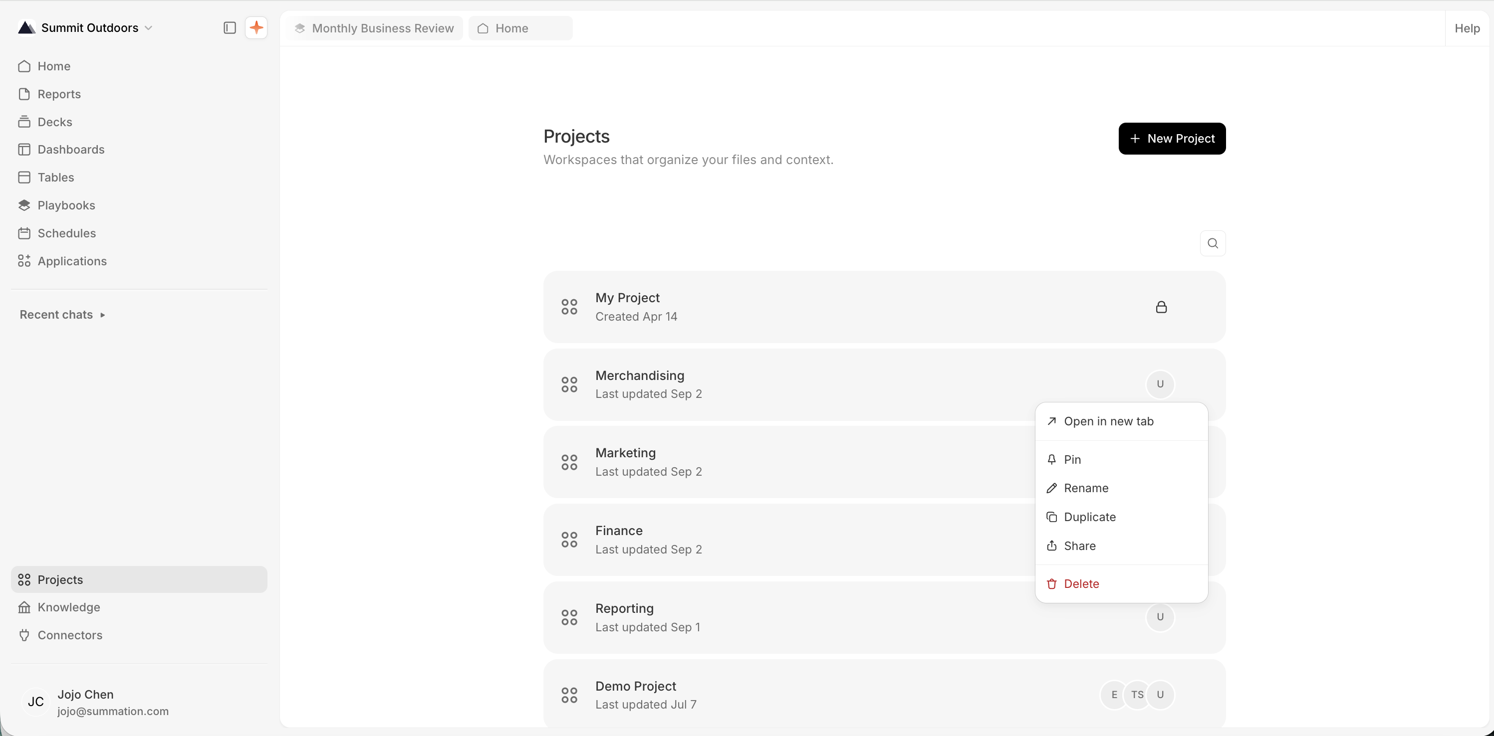 The /projects list with a right-click context menu open on the 'Sample Test Project' row, showing: Open in new tab, Pin, Rename, Duplicate, Share, and Delete (in red).