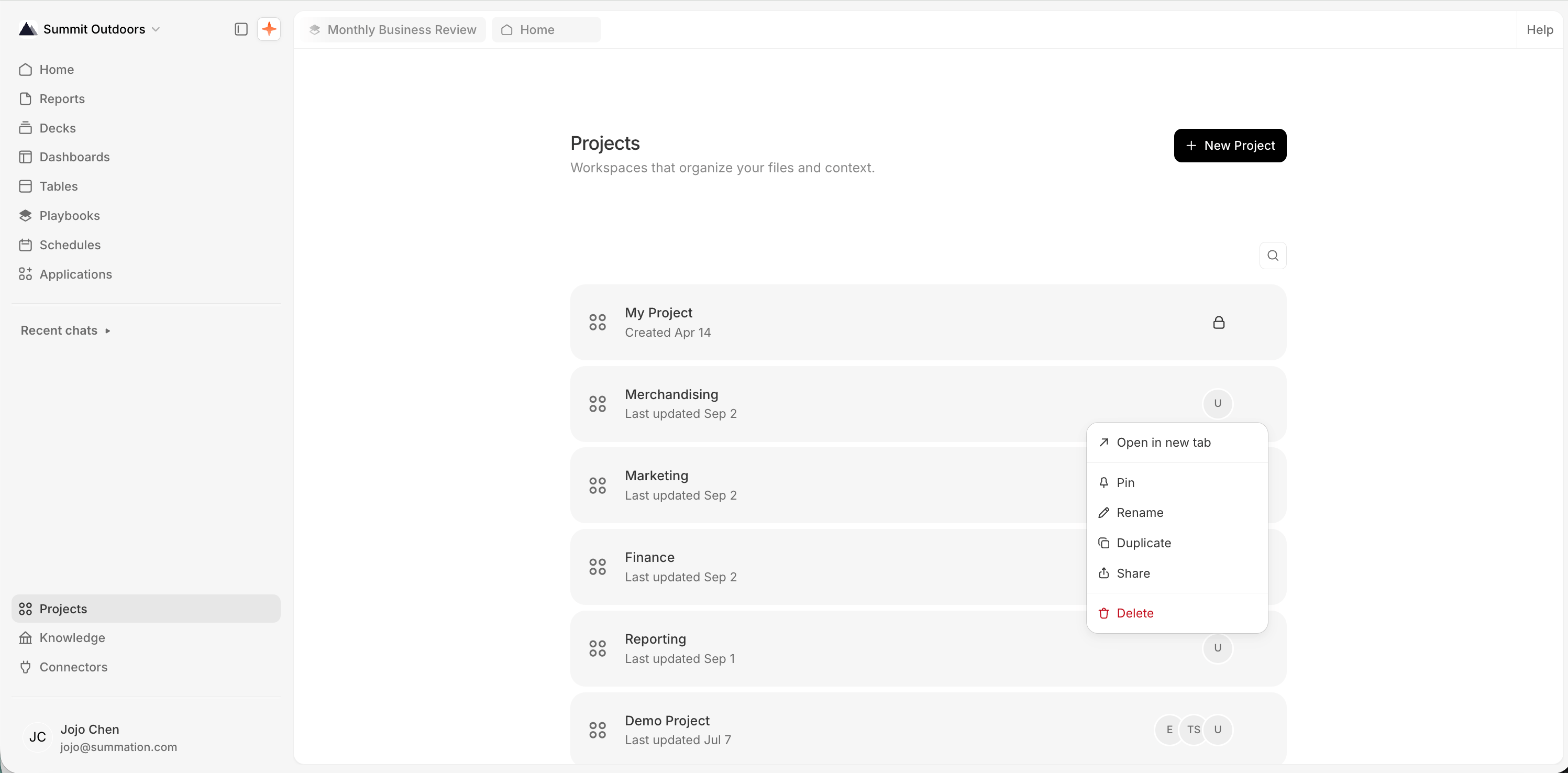 The /projects list with a right-click context menu open on the 'Sample Test Project' row, showing: Open in new tab, Pin, Rename, Duplicate, Share, and Delete (in red).