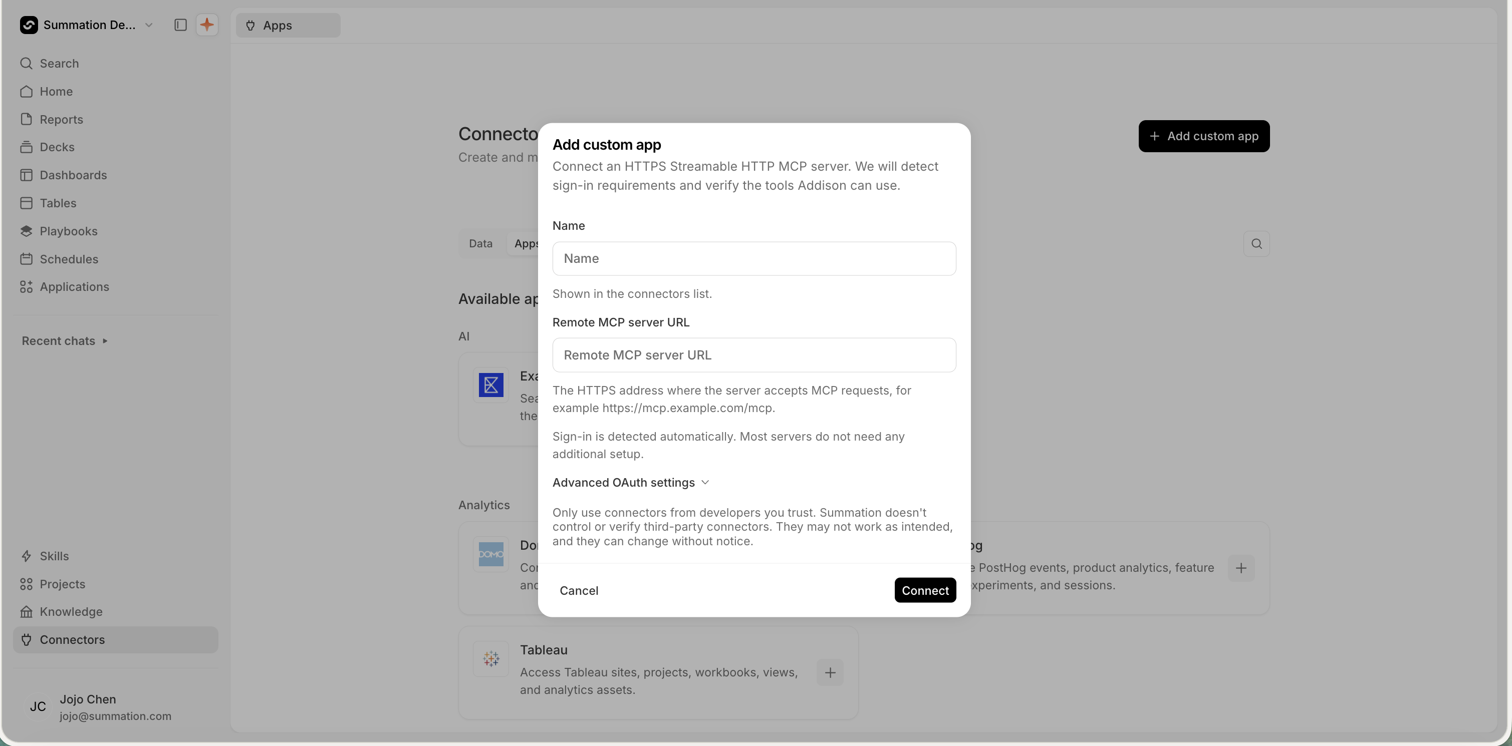 An 'Add custom app' dialog reading 'Connect an HTTPS Streamable HTTP MCP server. We will detect sign-in requirements and verify the tools Addison can use.' with a Name field ('Shown in the connectors list') and a Remote MCP server URL field ('The HTTPS address where the server accepts MCP requests, for example https://mcp.example.com/mcp. Sign-in is detected automatically. Most servers do not need any additional setup.'), a collapsed 'Advanced OAuth settings' section, a warning 'Only use connectors from developers you trust. Summation doesn't control or verify third-party connectors. They may not work as intended, and they can change without notice.', and Cancel / Connect buttons.
