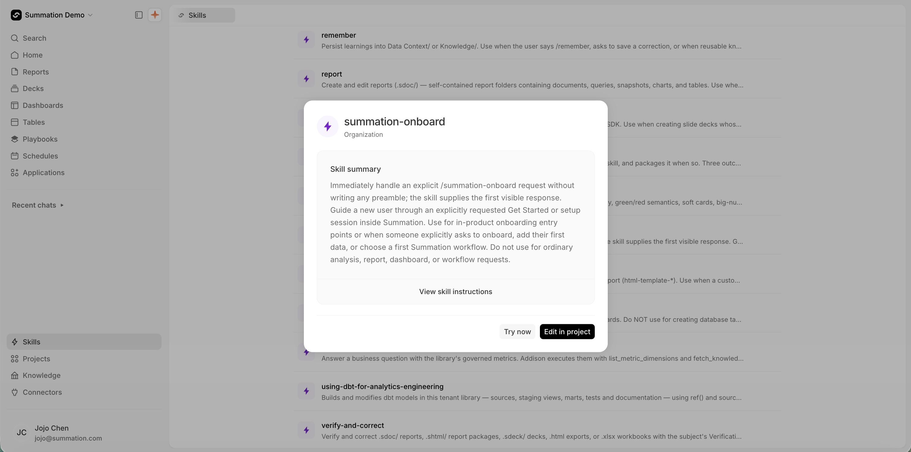 A dialog titled 'summation-onboard' labelled 'Organization', with a purple bolt avatar. A 'Skill summary' panel describes handling an explicit /summation-onboard request and guiding a new user through setup, and says not to use it for ordinary analysis, report, dashboard, or workflow requests. A 'View skill instructions' button sits below, with 'Try now' and 'Edit in project' buttons at the bottom. The Skills list shows behind it.