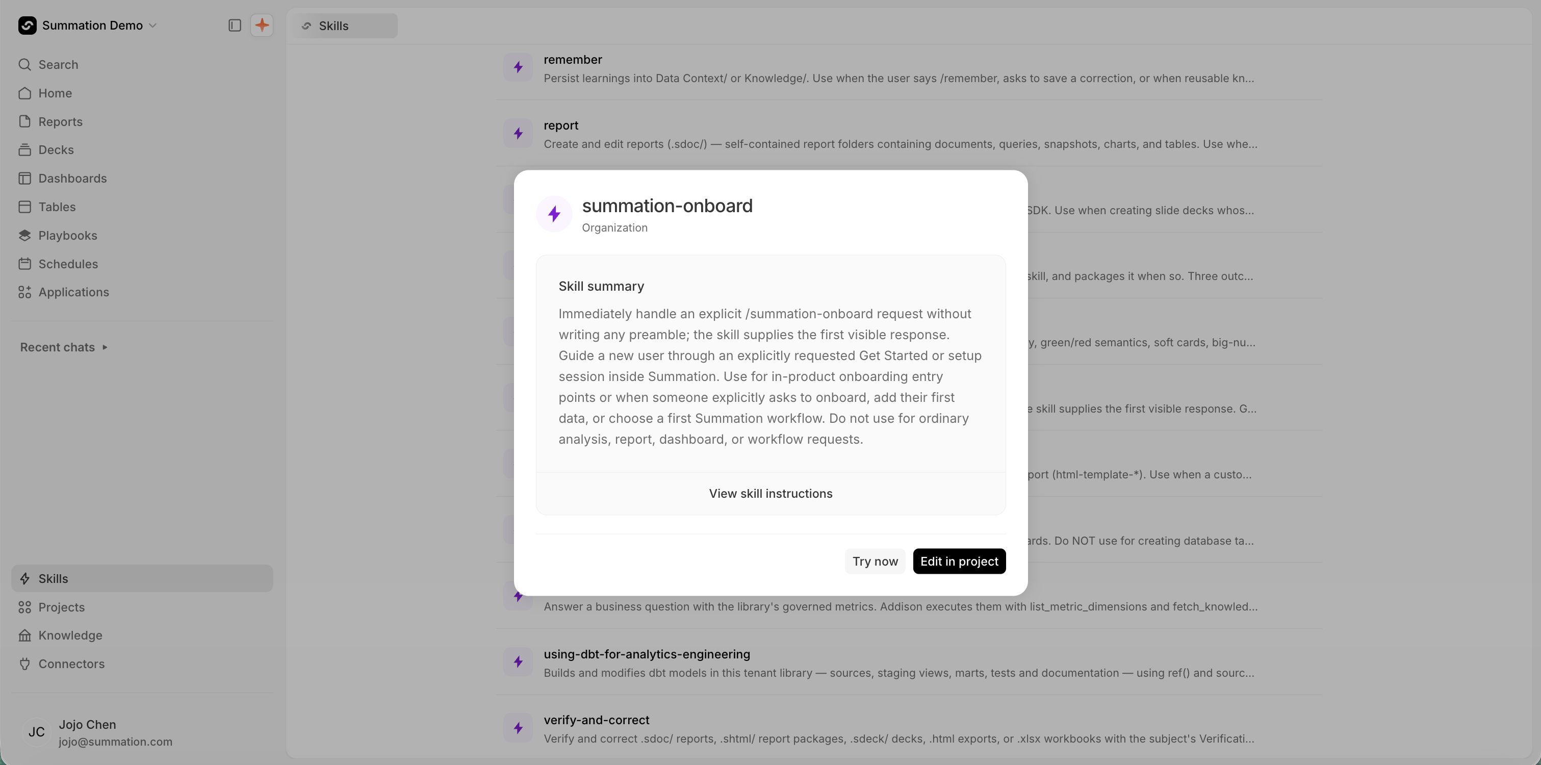 A dialog titled 'summation-onboard' labelled 'Organization', with a purple bolt avatar. A 'Skill summary' panel describes handling an explicit /summation-onboard request and guiding a new user through setup, and says not to use it for ordinary analysis, report, dashboard, or workflow requests. A 'View skill instructions' button sits below, with 'Try now' and 'Edit in project' buttons at the bottom. The Skills list shows behind it.