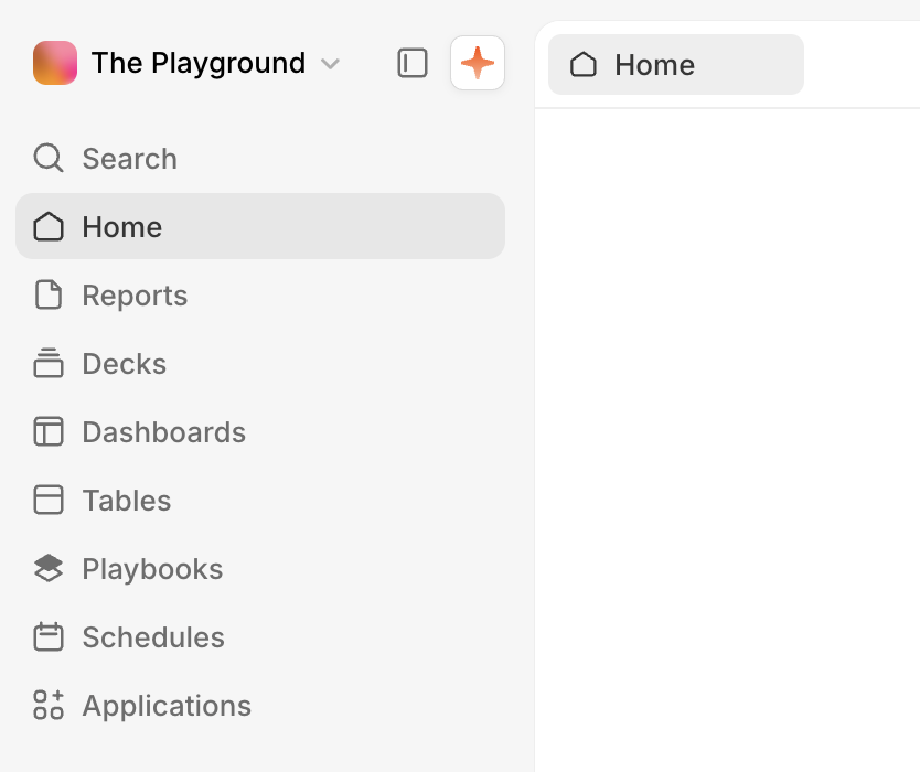 The top of the left nav sidebar showing the workspace name 'The Playground' with a panel-toggle icon and an orange sparkle button that opens the Addison pane, above the Search, Home, Reports, Decks, Dashboards, Tables, Playbooks, Schedules, and Applications nav links.
