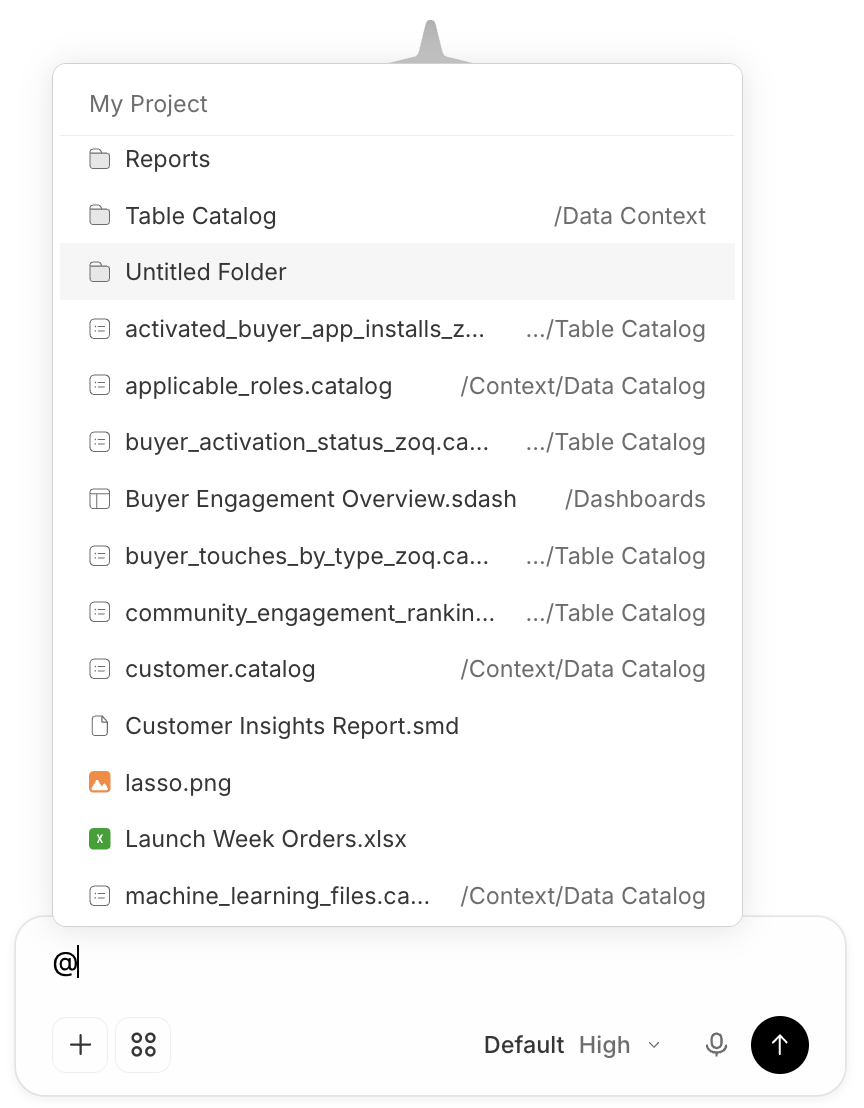 The @ mention picker open over the composer, headed 'My Project' and listing folders and files with their paths — Reports, Table Catalog (/Data Context), Untitled Folder, activated_buyer_app_installs_z…, applicable_roles.catalog (/Context/Data Catalog), buyer_activation_status_zoq.ca…, Buyer Engagement Overview.sdash (/Dashboards), buyer_touches_by_type_zoq.ca…, community_engagement_rankin…, customer.catalog, Customer Insights Report.smd, lasso.png, Launch Week Orders.xlsx, and machine_learning_files.ca… — with '@' typed in the composer and a Default / High model selector below.