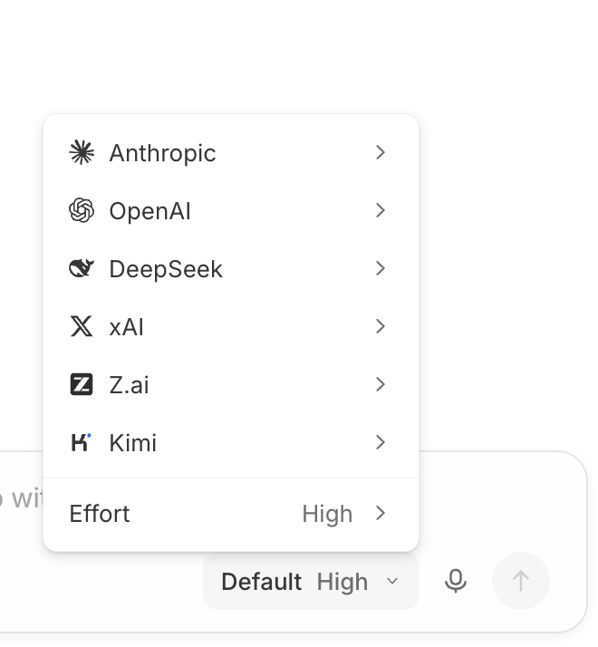The model selector open above the composer, listing providers Anthropic, OpenAI, DeepSeek, xAI, Z.ai, and Kimi each with a submenu arrow, and an Effort row set to High at the bottom. The composer's trigger below reads 'Default High'.